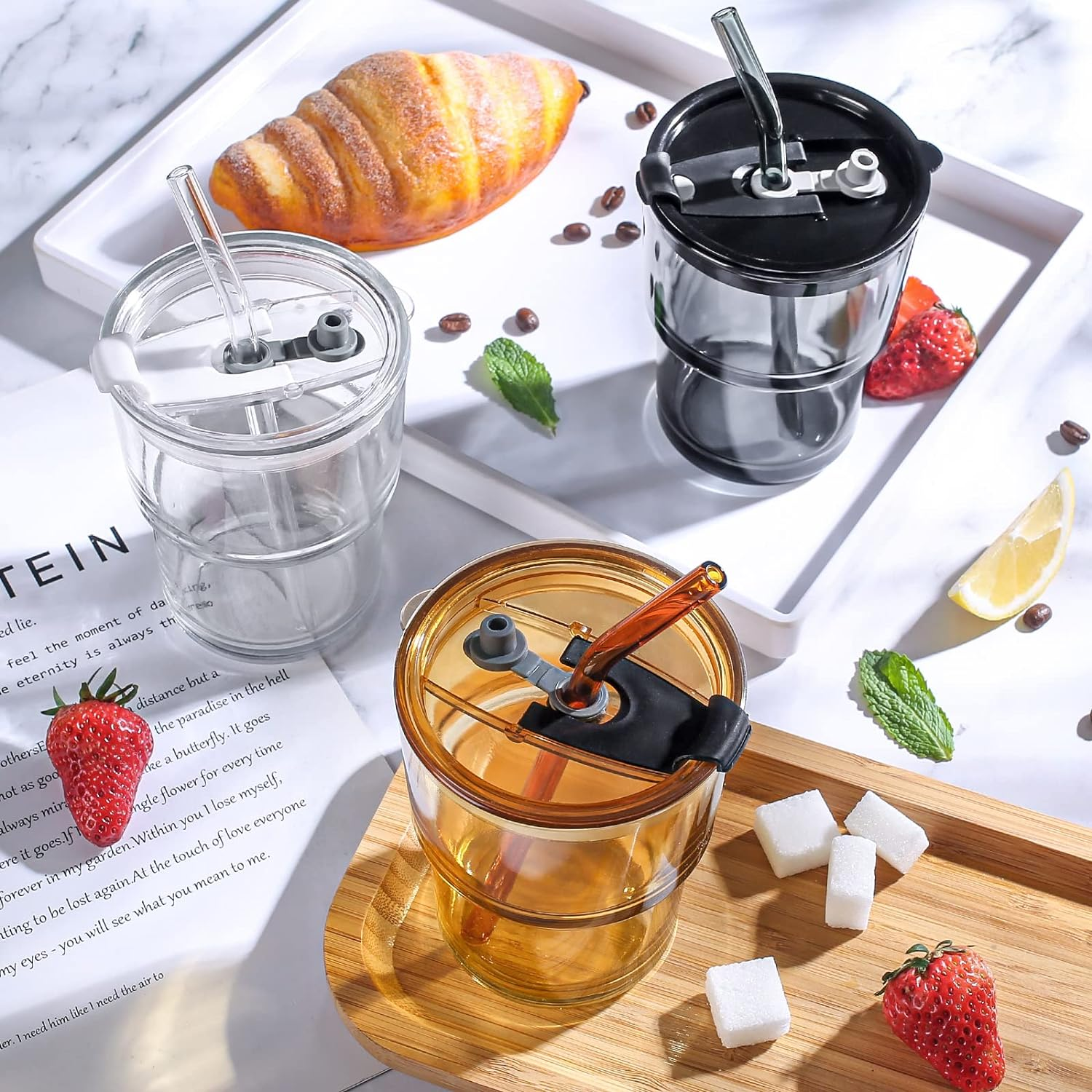 13 OZ/400ML Ice Coffee Glass Tumbler with Straw and Lid Sealed Carry On, Thick Wall Water Glass Cup Mug Tea （Gray） image number 5