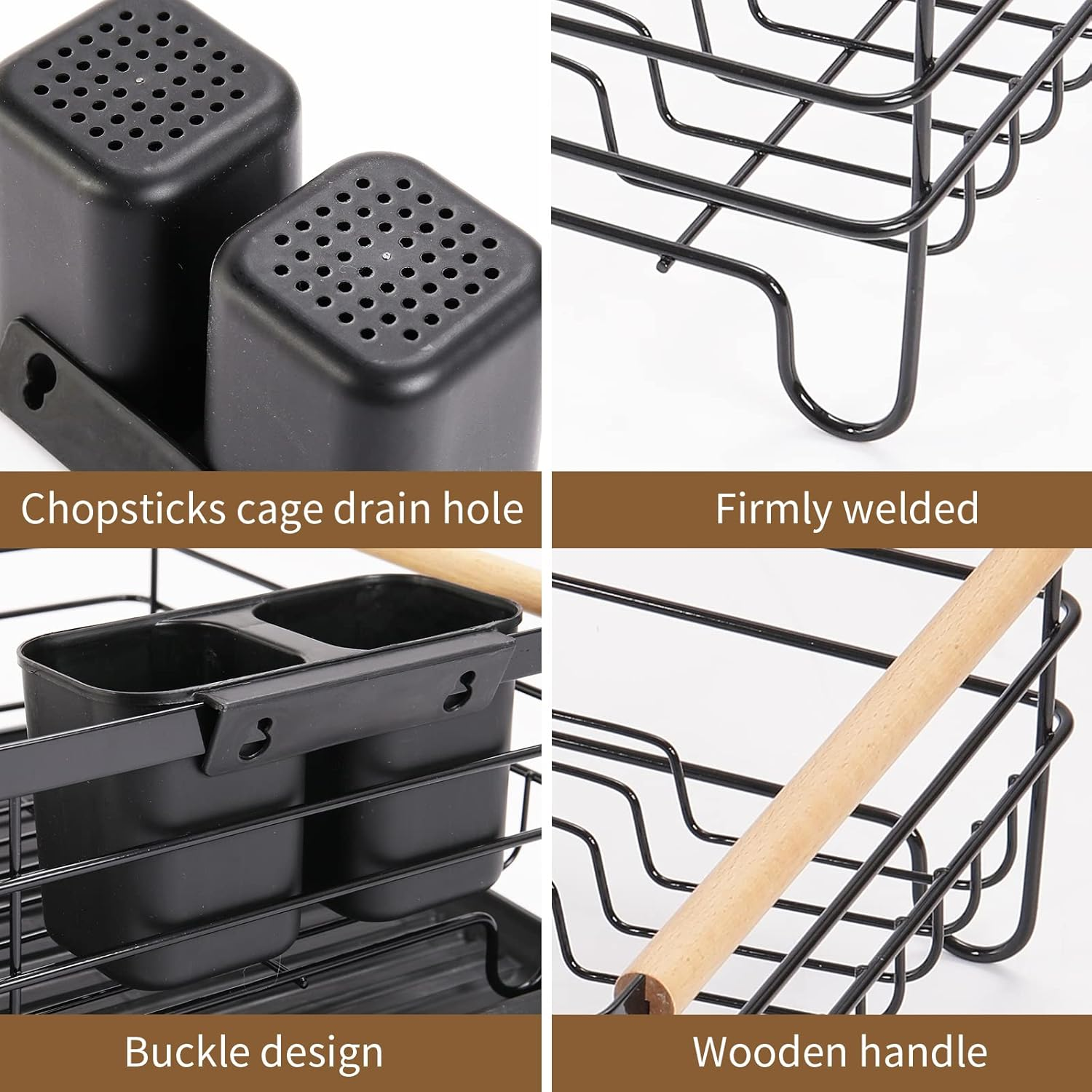 Dish Drainer Rack with Removable Drip Tray, Metal Kitchen Dish Drying Rack Organiser with Wooden Handles, Dish Rack, Dish Drainers, Black, 43 X 30.5 X 14 Cm image number 5
