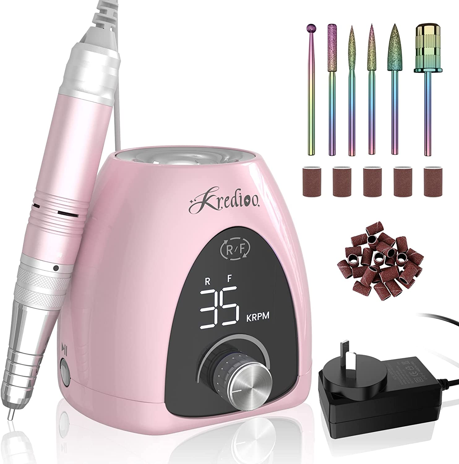 Kredioo Nail Drill Professional 35000RPM Electric Nail File for Acrylic Nails with Pause Button LED Screen for Home and Salon-Au Plug image number 1