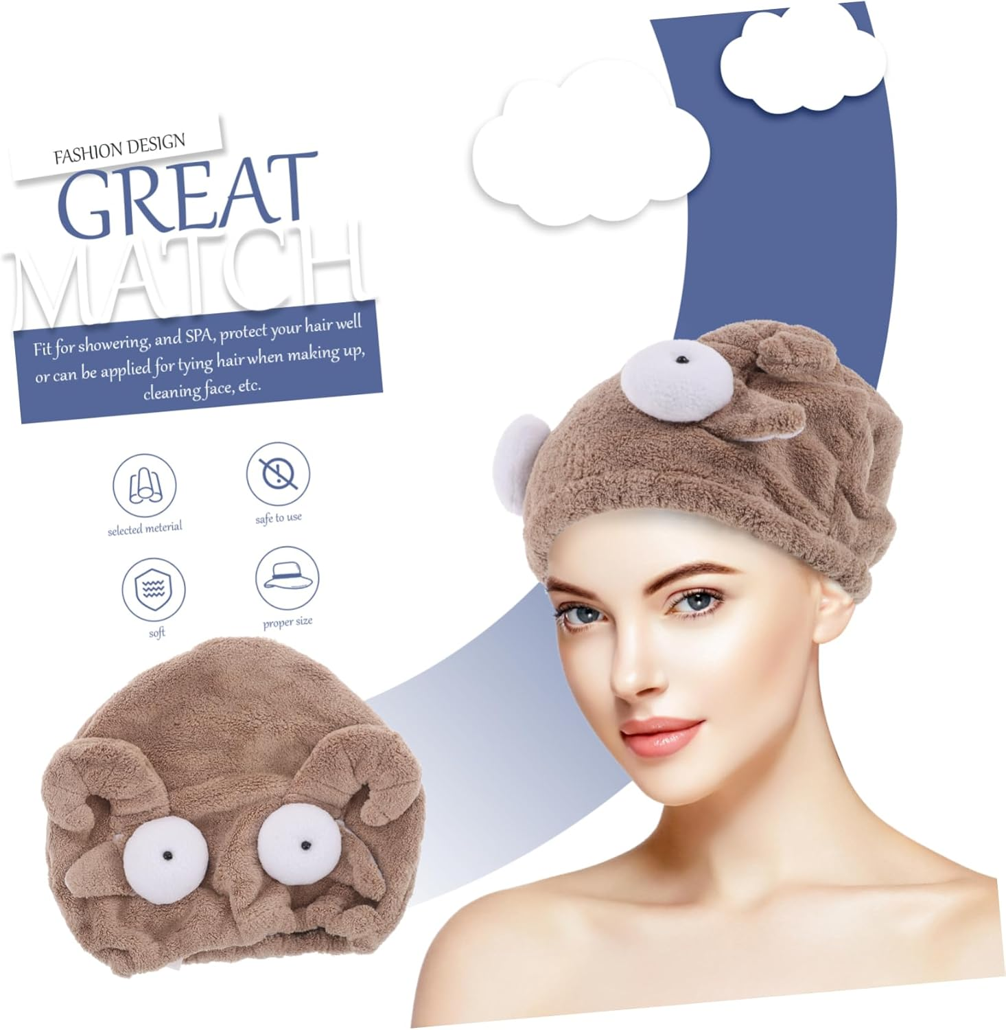 Ipetboom Dry Hair Cap Washing Headscarf for Women and Girls Quick Drying Absorbent Hair Towel Wrap Cartoon Sheep Shape Fleece for Bathing and Spa image number 4