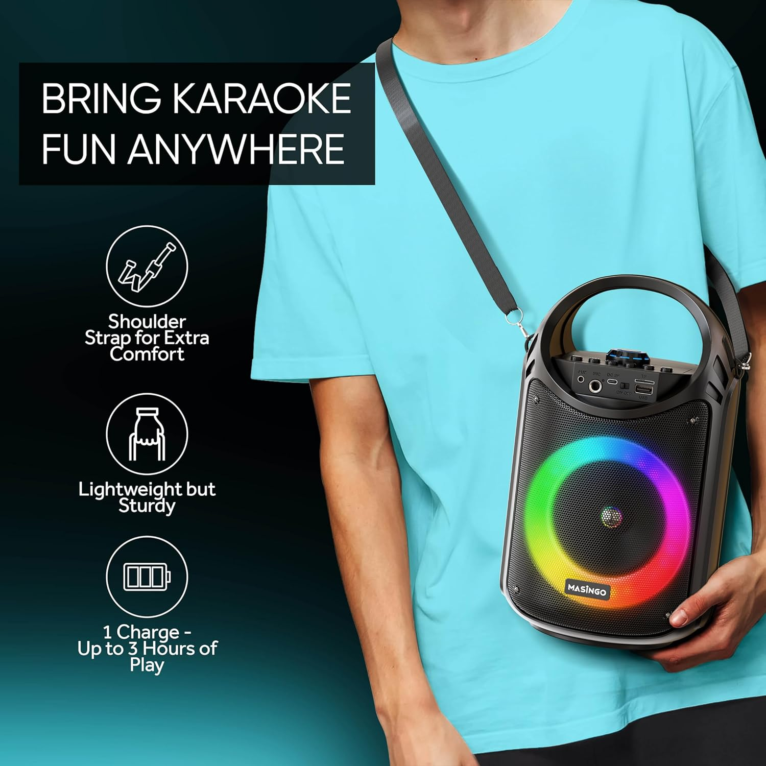 MASINGO Karaoke Machine for Kids and Adults with 2 Wireless Bluetooth Microphones, PA Portable Speaker with Colorful LED Lights, Supports TF Card/Usb, AUX/MIC In, TWS for Home Party, Burletta C10 V2 image number 4