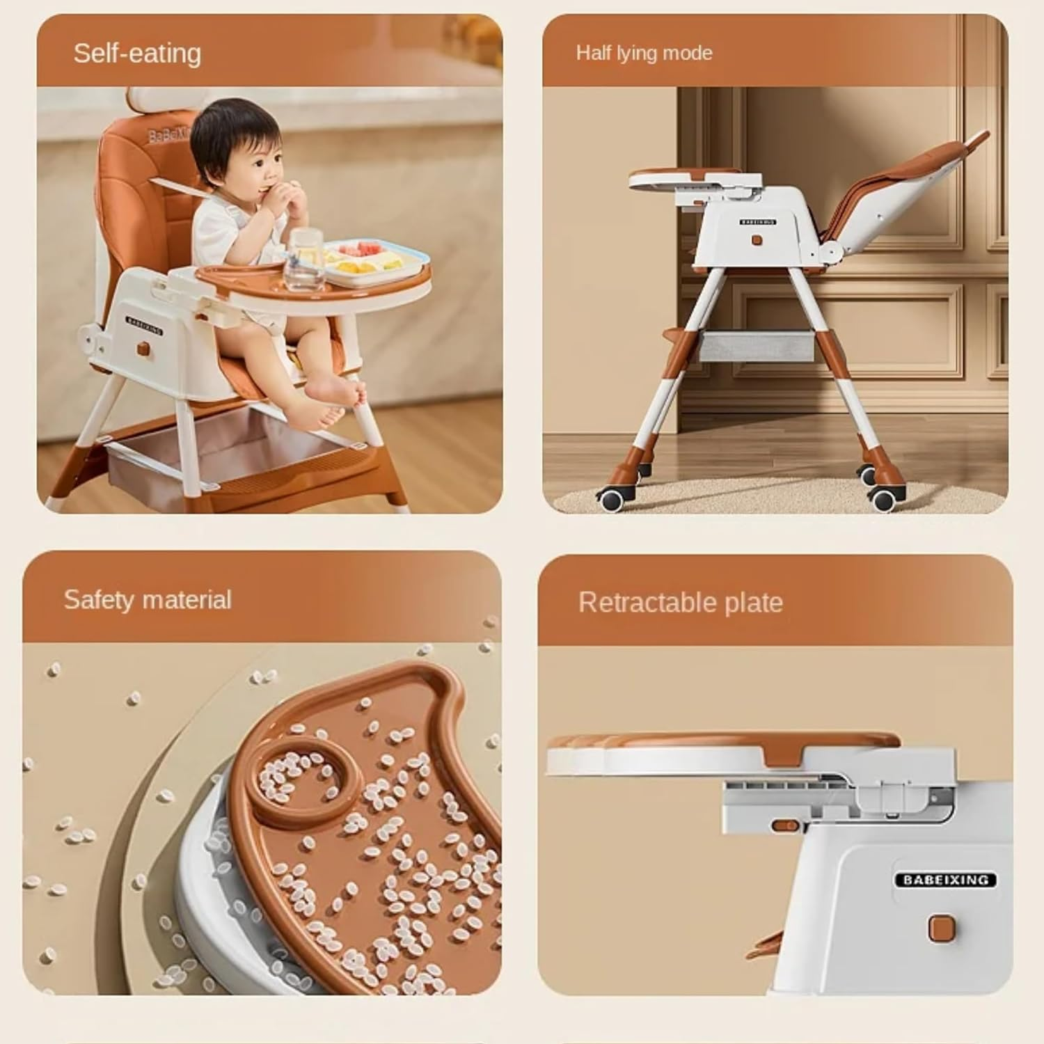 New Multifunctional Baby Highchair with 4 Wheels | Infant/Toddler Dining Chair Adjustable Highchair | Multi-Gear Tray, Removable Seat Cushion & 5 Point Harness, Portable High Chair (Brown) image number 6