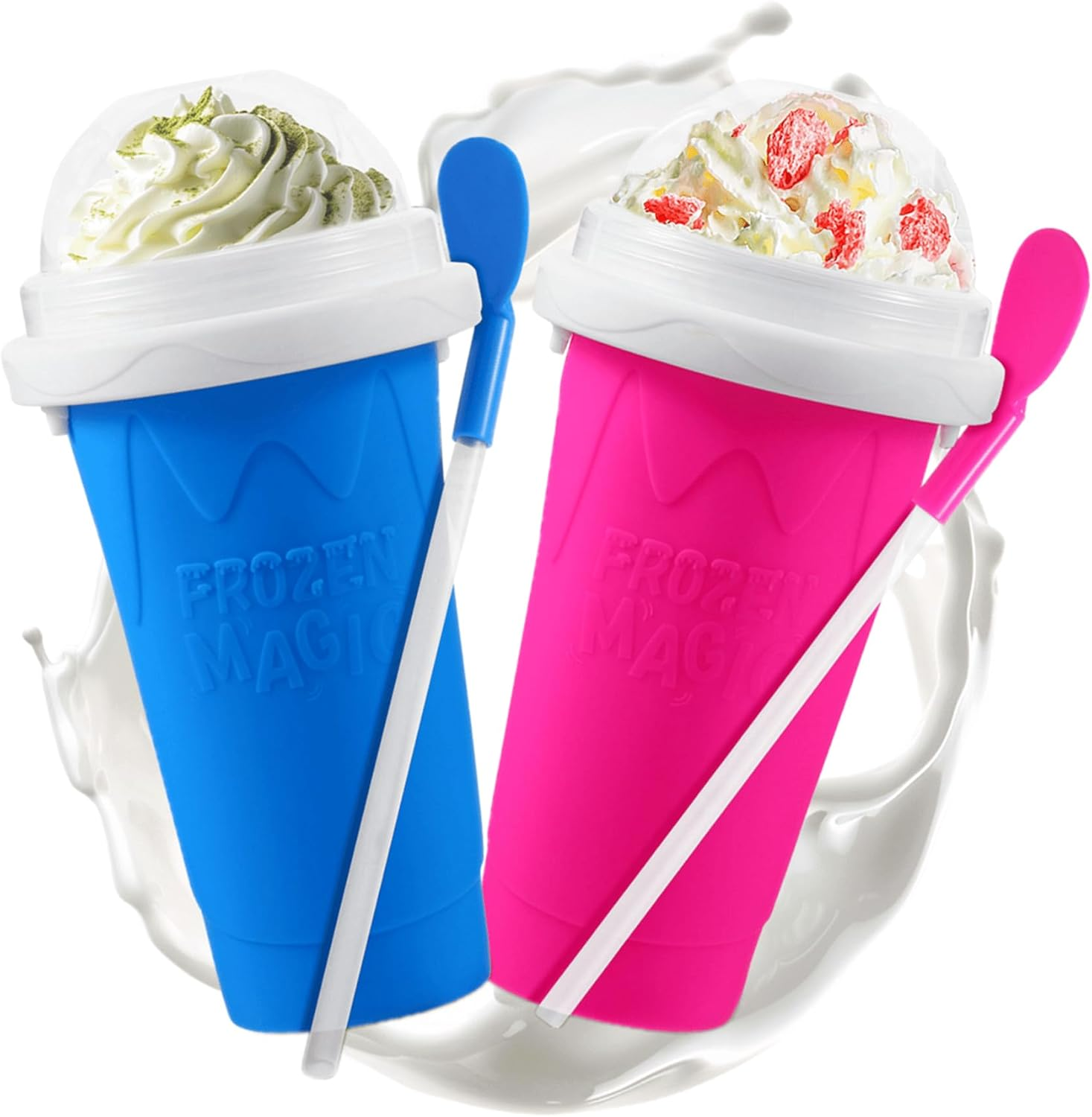 Slushie Cup, 2 Pack Slushy Maker Cup with Lid & Straw for Friends and Family, Portable Smoothie Squeeze Cup for Milk, Juices, and Ice Cream Make
