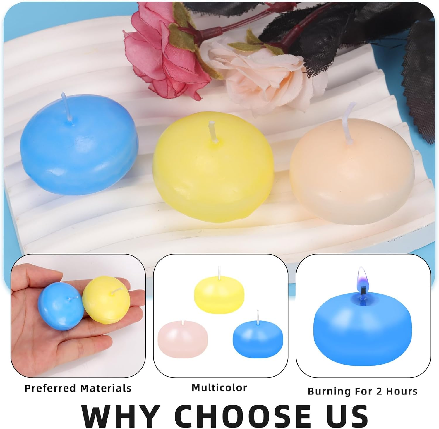 Glarks 18Pcs 3 Colors Floating Candles Set 1.4In Ivory-White, Yellow, Blue Floating Disc Candle Water Tealight Candles for Centerpieces at Halloween Fall Wedding Dinner Party Spa Treatments image number 3