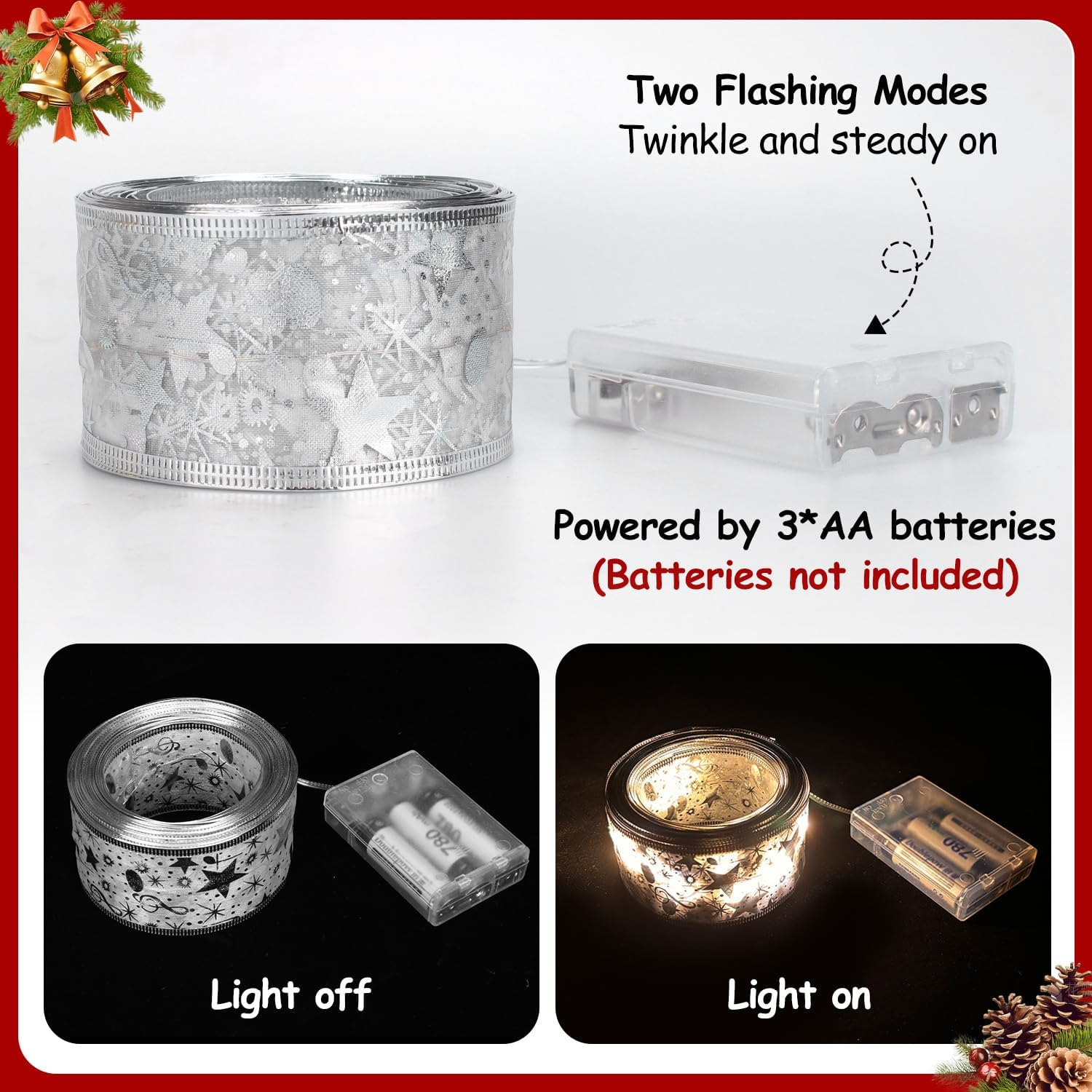 Christmas Tree Lights 10 M/32.8Ft 100 LED Fairy String Lights Battery Operated Copper Wire Ribbon Bows Light for Party Wedding Holiday Indoor Outdoor Decorations (Silver)