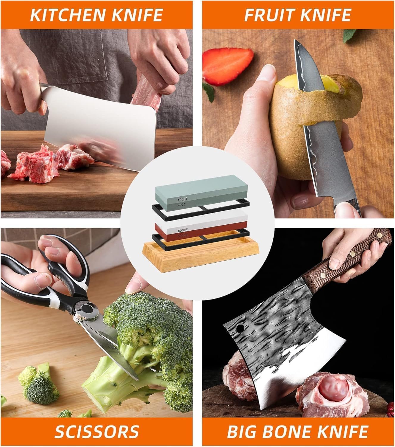 Knife Sharpening Stone with Non-Slip Rubber Base, 400/1000+3000/8000 Grit Premium Whetstone, Sharpening Stone Whetstone Set Kitchen Knife Sharpener Stone Wet Stones for Sharping(Nd-Z565-8)