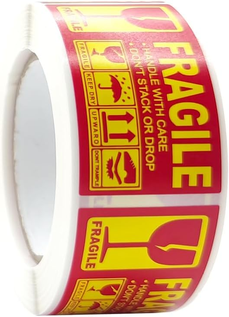 Shipping Labels Fragile Warning Sticker, 250Pcs 1 Roll 25 X 45Mm Labels, Warning Stickers with Notice Fragile Handle with Care, Keep Dry Upward Do Not Trample (Red)