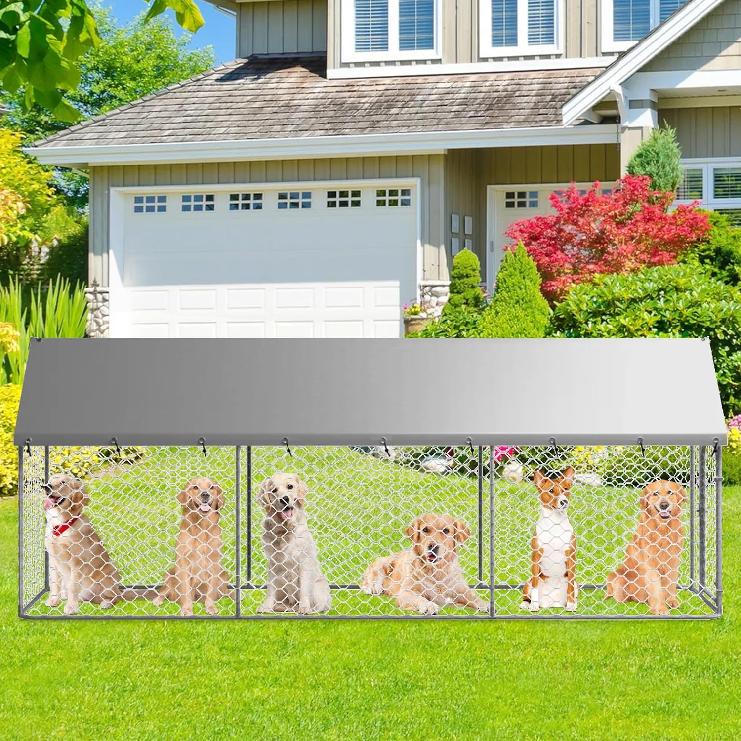 Outdoor Dog Kennel - Durable Galvanised Steel Construction with Safety Lock and UV Protected Canopy - Large Space for Exercise and Play (400 X 100 X 150 Cm) image number 2