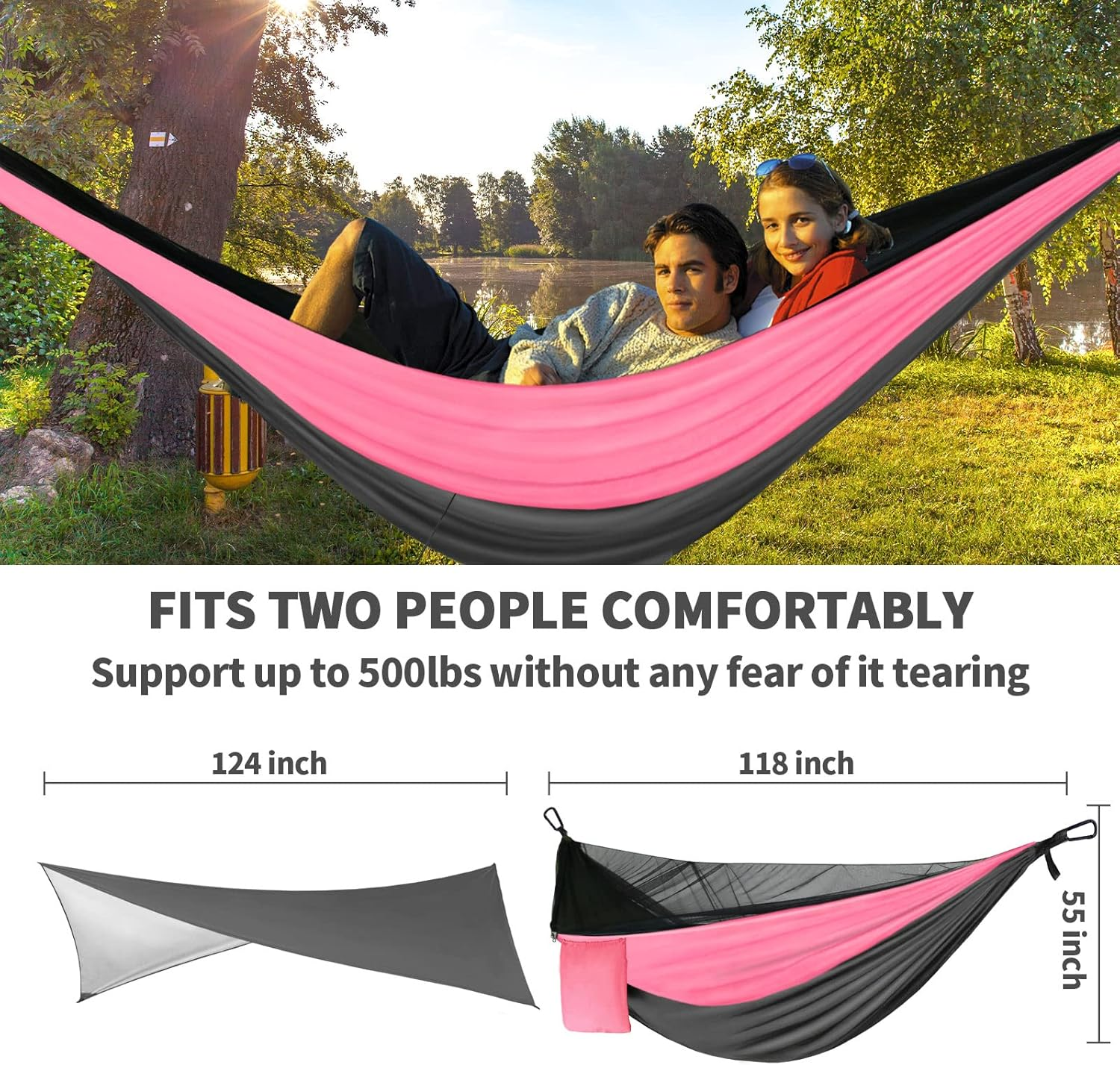 Camping Hammock Pink Grey Hammocks with Mosquito Net Tent and Rain Fly Tarp Portable Single & Double Nylon Parachute Hammock with Heavy Duty Tree Strap Outdoor Backpacking Survival Travel - Blue image number 6