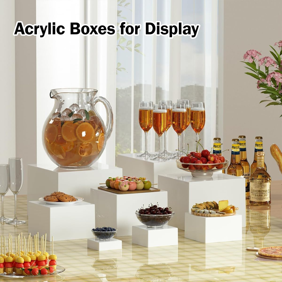 Blissify 8 Pack Buffet Risers, Acrylic Boxes for Display, Square Cube Food Display Stand with Mini Signs for Party, Cupcake, Candy, Brunch, Jewelry, Decor, White