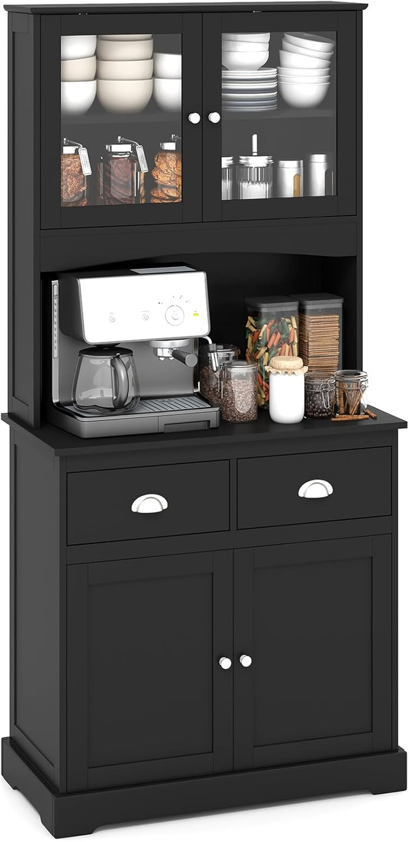 Giantex Kitchen Pantry Buffet Cabinet, Storage Organizer W/Tempered Glass Doors & Double Drawers, Cable Management Hole, Adjustable Shelves & Anti-Toppling System, Cupboard Kitchen Dining Room (Black) image number 1