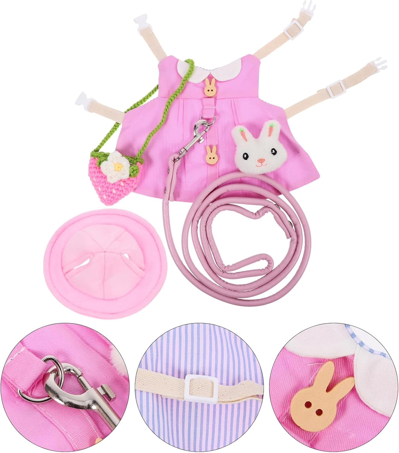 Toddmomy Pet Rabbit Bunny Dress Rabbit Costume with Leash Hat Mini Strawberry Bag Harness Leash Small Animals Accessory for Ferret Guinea Pigs Squirrel Hedgehog Pink image number 2
