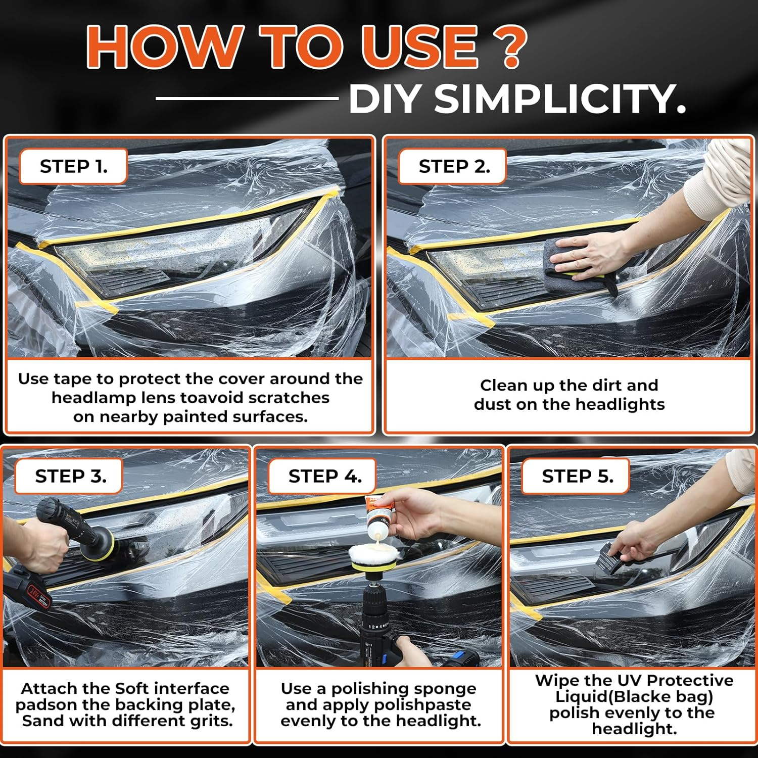 Headlight Restoration Kit, Polish Restore Cleaner Clean Tool DIY Polishing, Sanding Discs, Scouring Pads for Electric Drill, 3 Easy Steps to Restore Sun Damaged Car Headlights Lens image number 1