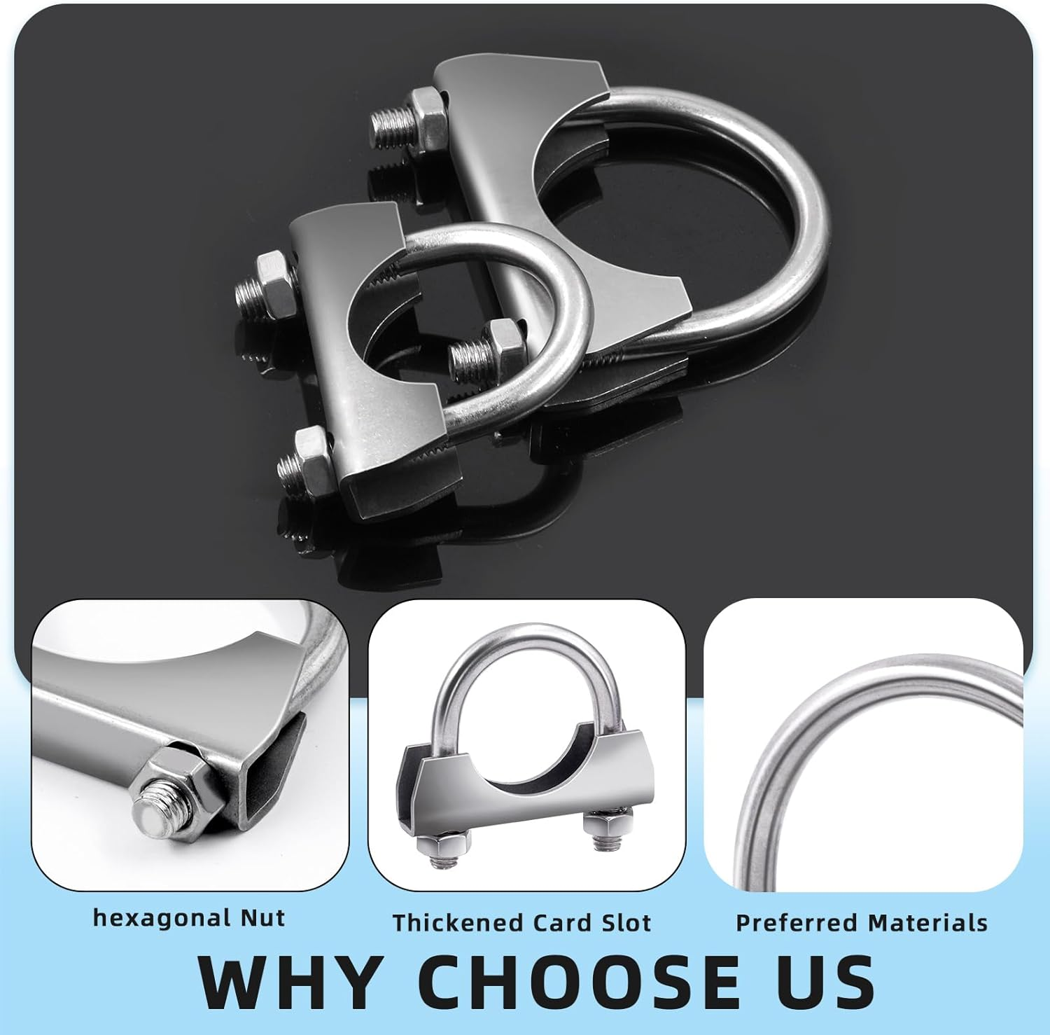 Glarks 2Pcs 304 Stainless Steel Exhaust U-Clamps 63MM (2-1/2In) Muffler Exhaust Clamps U-Bolt Clamps Design with Saddle Flange for Exhaust Tail Pipe image number 5