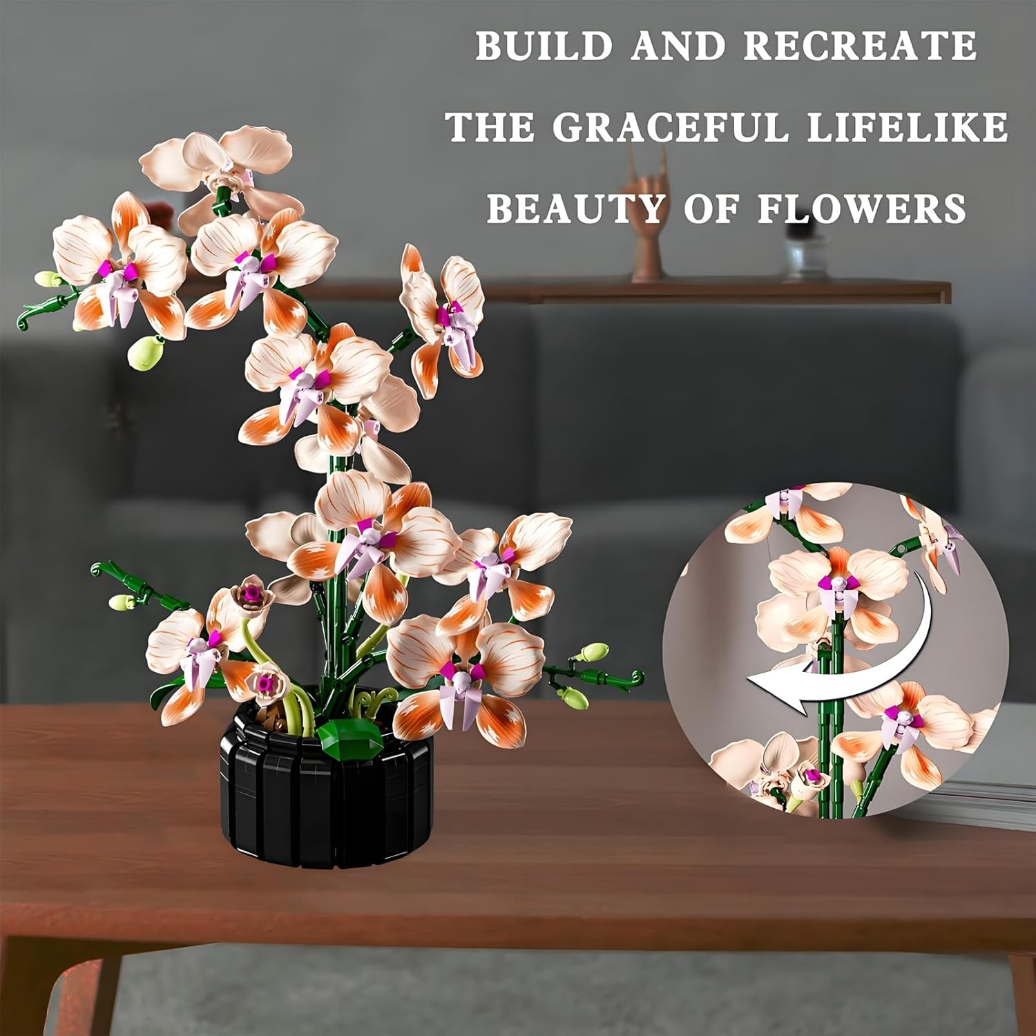 Pink Orchid Flower Building Blocks, DIY Artificial Botanical Collection for Adult, Creative Bouquet for Home Office Decor, Ideal Gifts for Woman Girls Age 8+(866PCS) image number 2