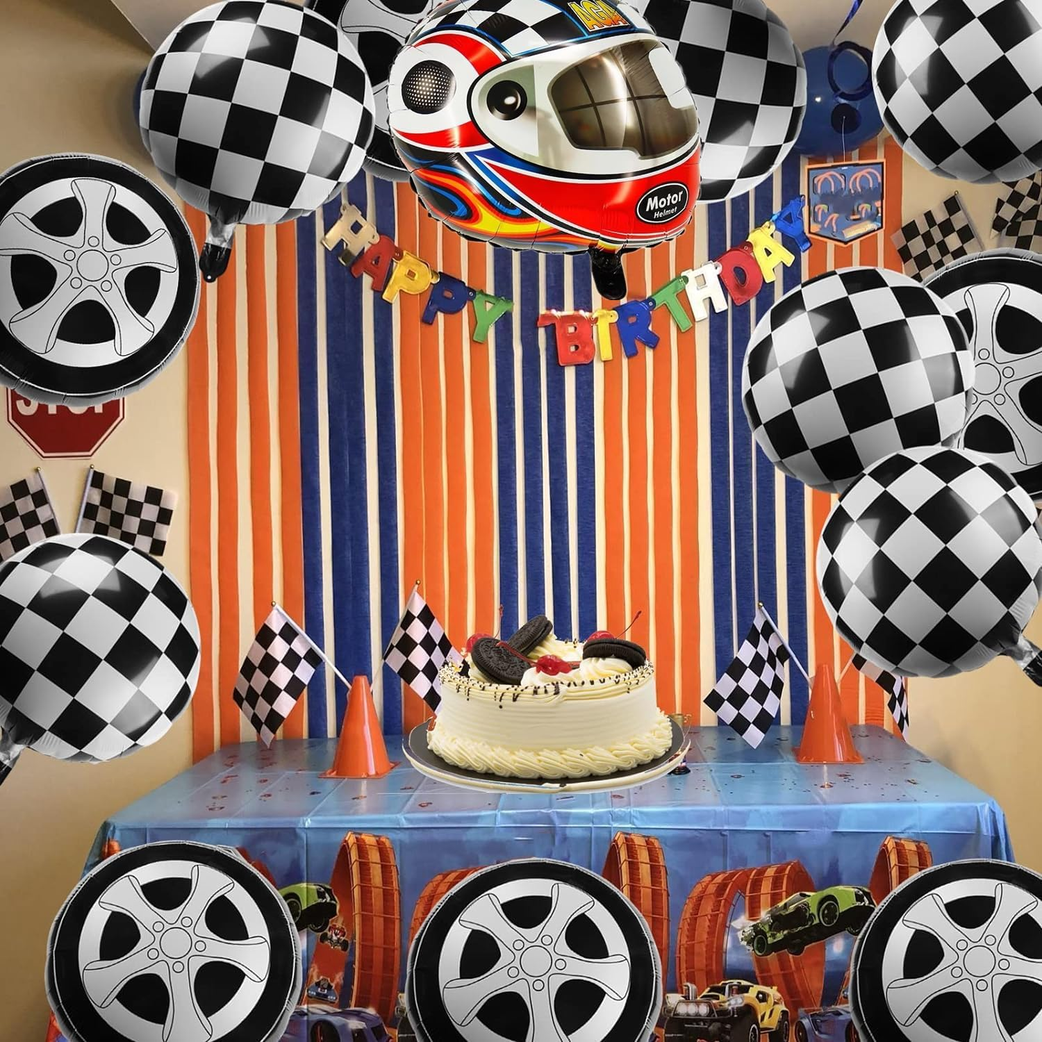 15 Pieces Race Car Balloons, Black and White Checkered Car Tire Balloons Aluminum Foil Checkered Flag Balloons for Racing Theme Birthday Party Decoration Supplies 18 Inch image number 1