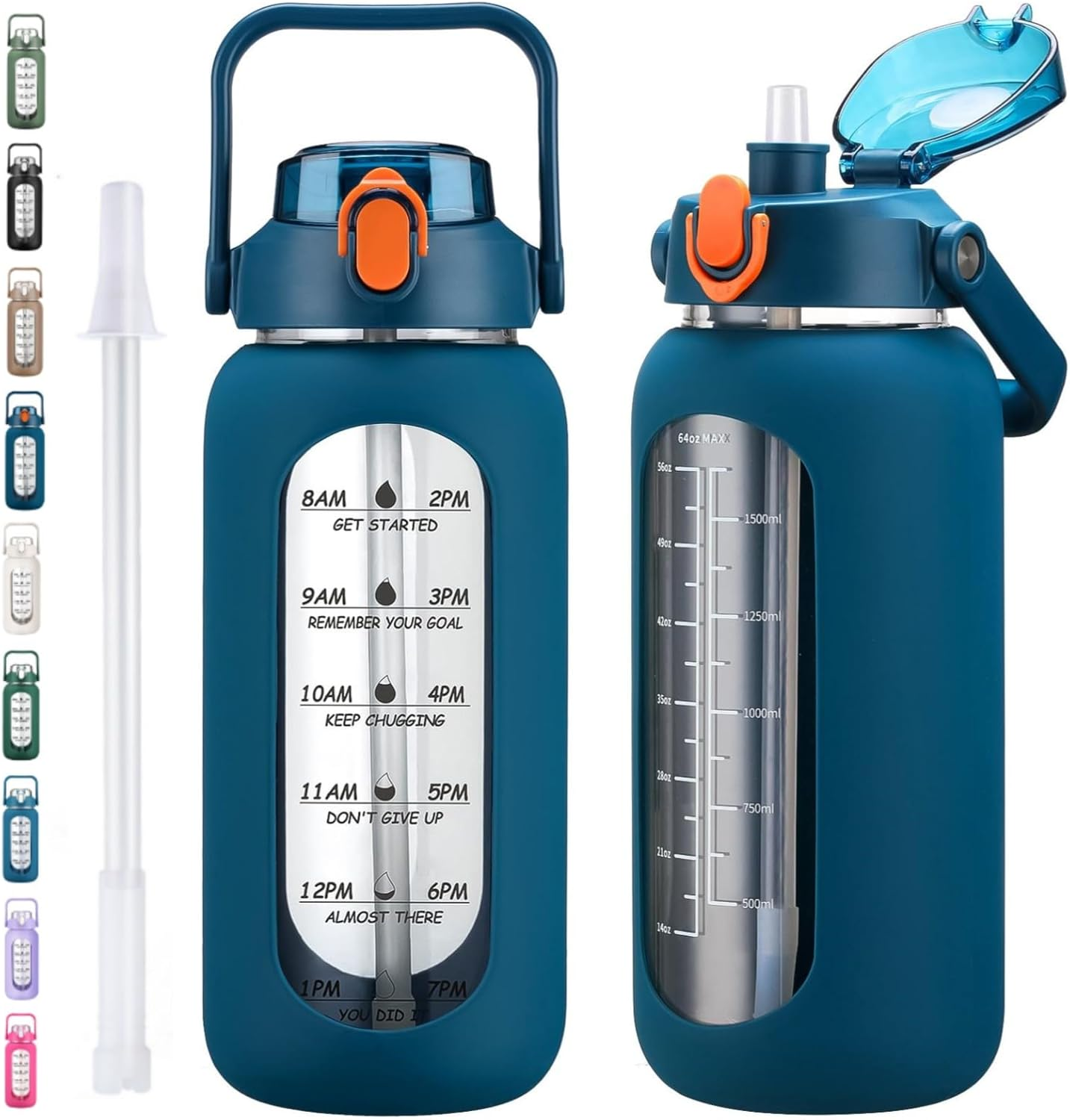 Kytffu 64Oz Glass Water Bottles with Straw, Half Gallon Motivational Glass Bottle with Silicone Sleeve and Time Marker, 2L Leakproof Large Glass Water Jug for Gym Home Office,Blue image number 7