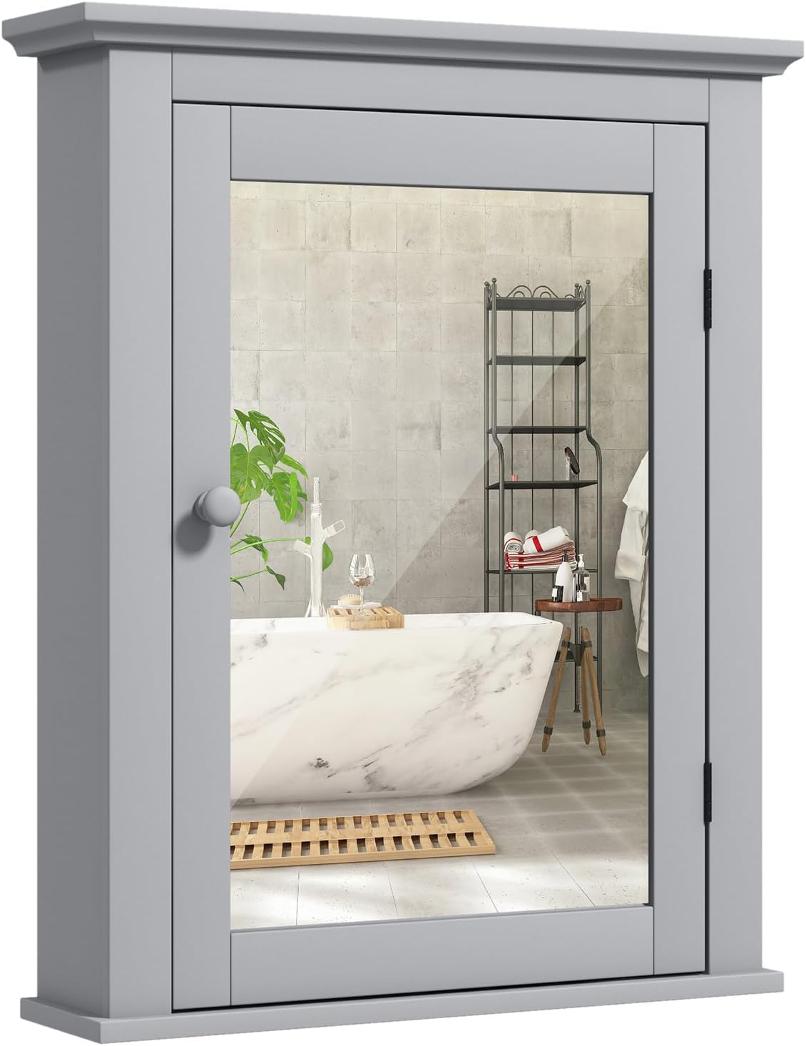 Giantex Mirrored Bathroom Cabinet, Wall Mount Wooden Medicine Storage Cabinet W/Single Door & Adjustable Shelf, Multipurpose Home Organizer 56 X 69 Cm (Gray) image number 2