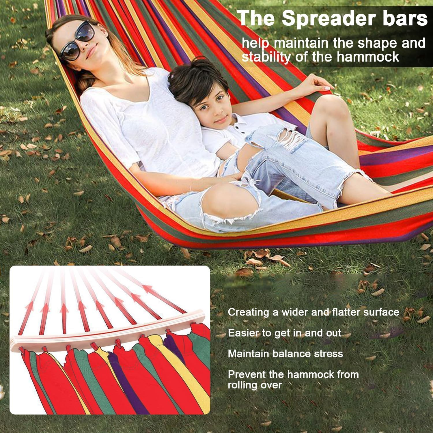 260 * 150Cm Double Hammock, Colorful anti Roll Hammock with 2 Curved Stick, Made of Soft Canvas without Stand, Replacement for Backyard, Porch, Outdoor and Indoor image number 6