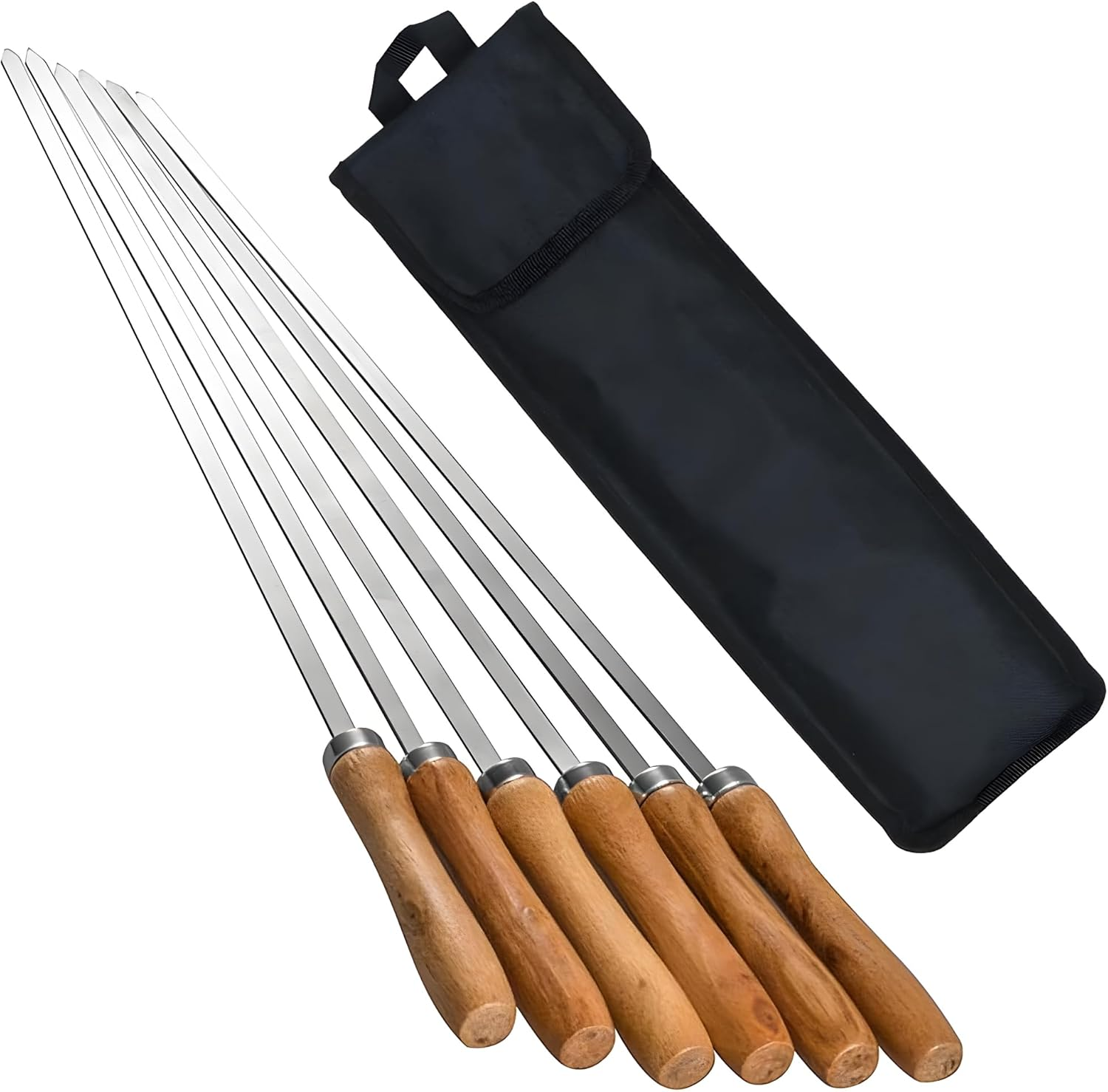 16.5 Inch Stainless Steel BBQ Skewers with Wood Handle, 6 Pack Flat Reusable Kabob Sticks for Grilling Meat, Shrimp, Chicken, Vegetables image number 2