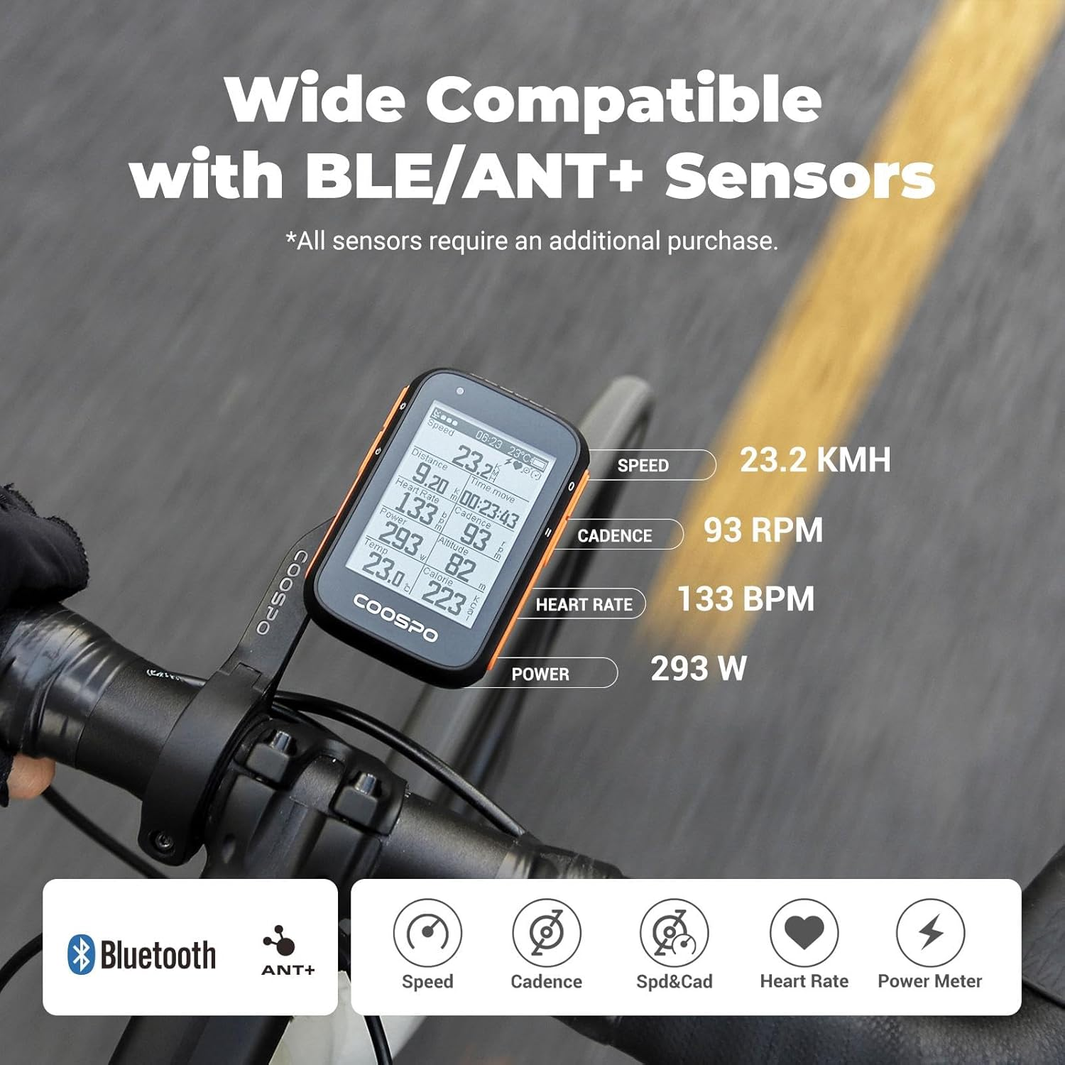 Coospo Bike Computer Wireless Gps,Bike Speedometer with Auto Backlight,Bluetooth ANT Cycling GPS Computer,Bicycle Computer BC200 with Waterproof,Compatible with Coosporide App Hr/Cad/Spd/Power Sensor image number 3