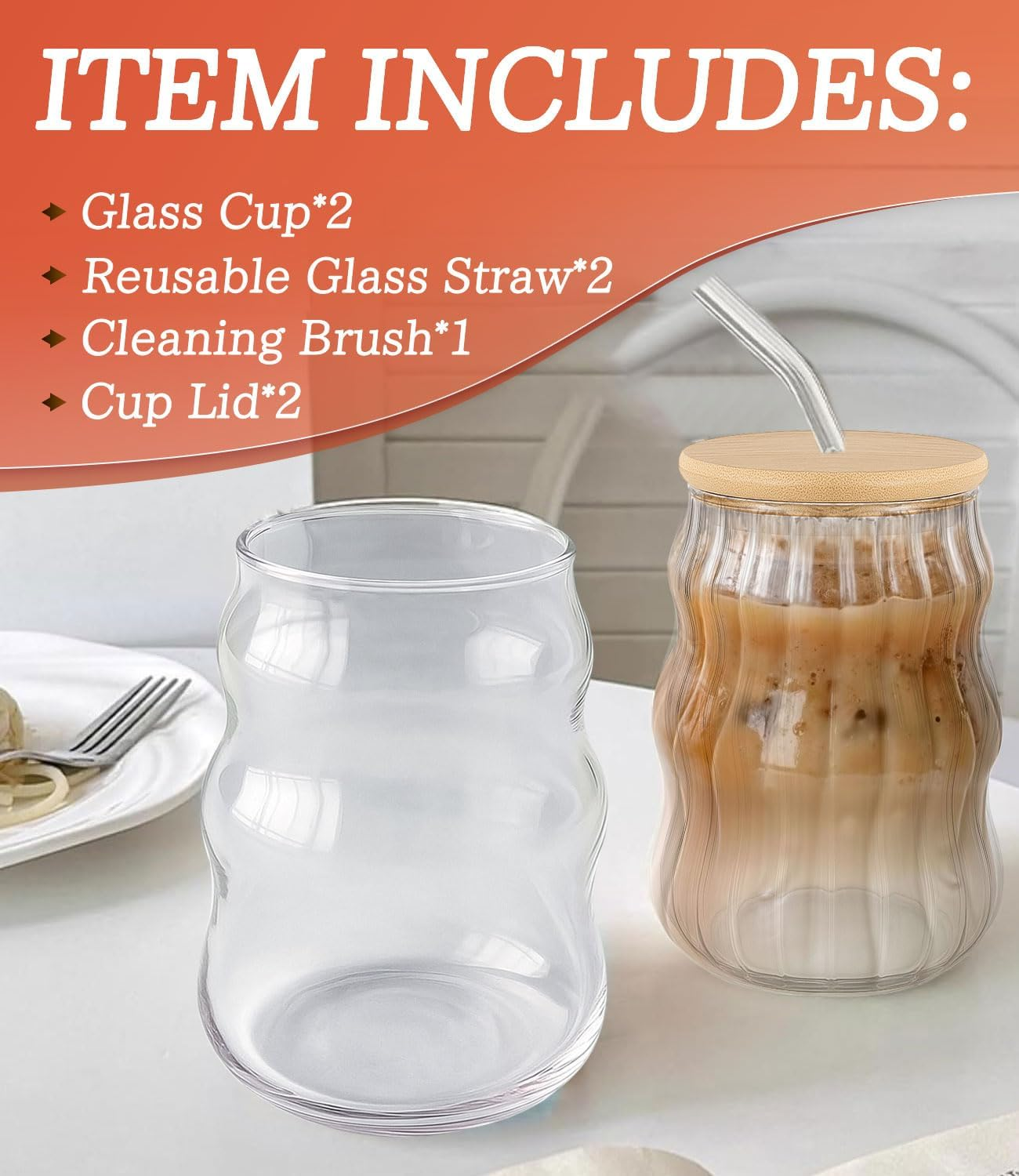 Shanghigh Drinking Glasses with Glass Straw - 7Pcs Cup Set with 16Oz Glass Cup, Staws, Cleaning Brushes and Bamboo Lids, Bubble Cup Glassware with Wave Shape for Drinks, Iced Coffee, Matcha, Tea image number 1