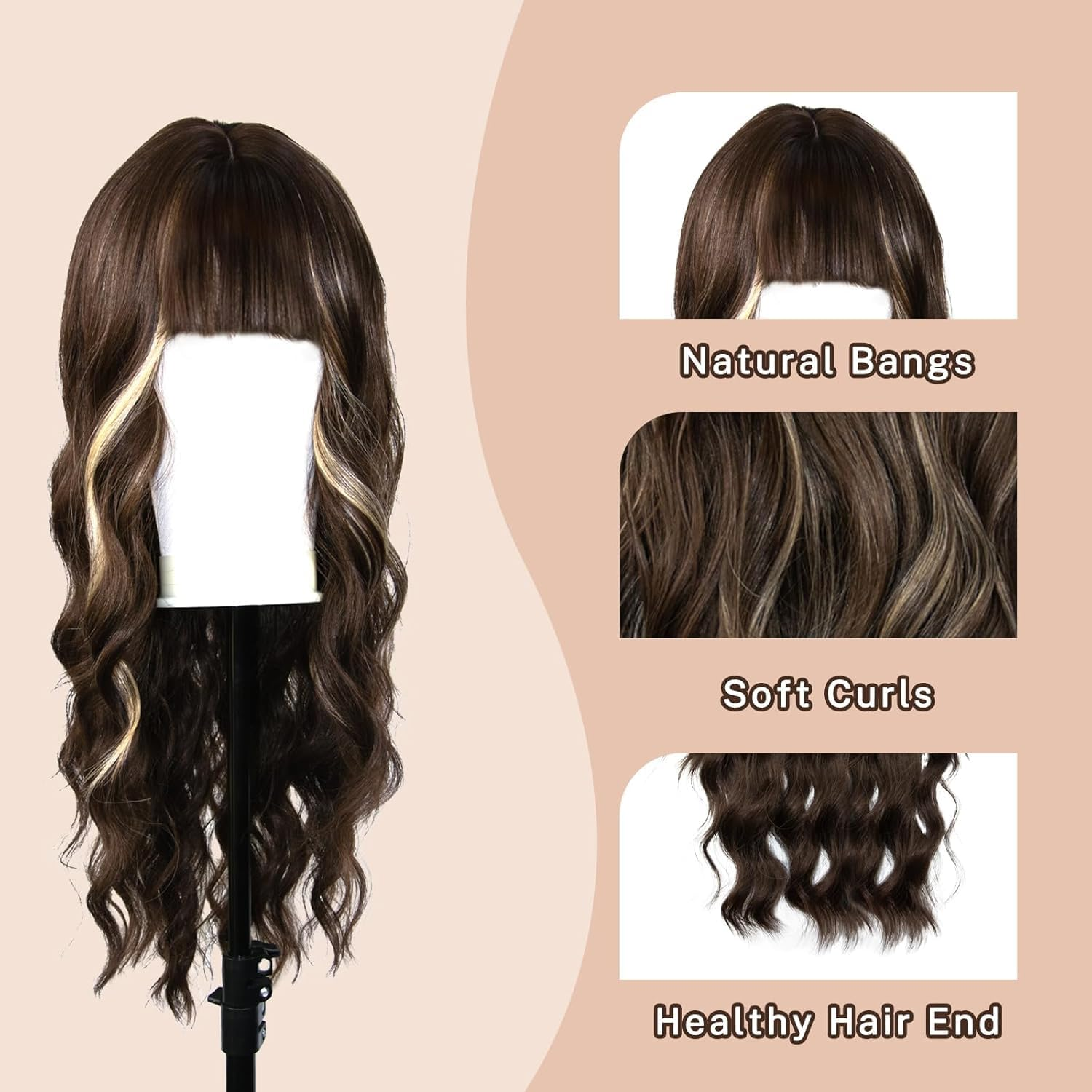 Bangs Wig, Long Synthetic Wig, Wave Wig, Adjustable Bangs Length, Role-Playing Wig, Natural Curly Hair Wig (Brown, 24 Inch) image number 5