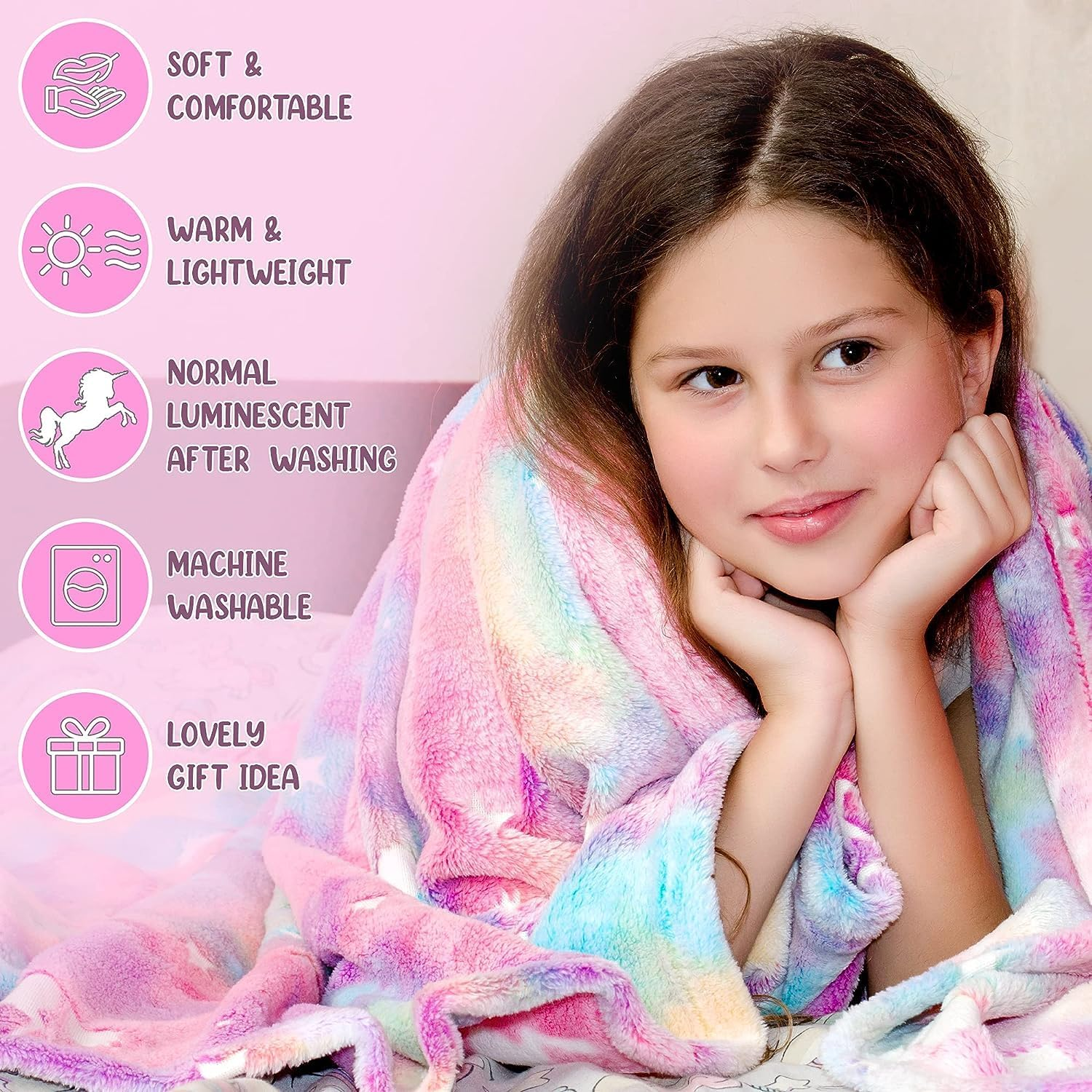 Big Size Unicorn Glow in the Dark Blanket for Kids - Rainbow Blankets for Girls - Super Soft Fuzzy Throw Blankets for Teen Girls Plush Fleece Pink Glow in the Dark Blanket for Kids 130 X 170 Cm