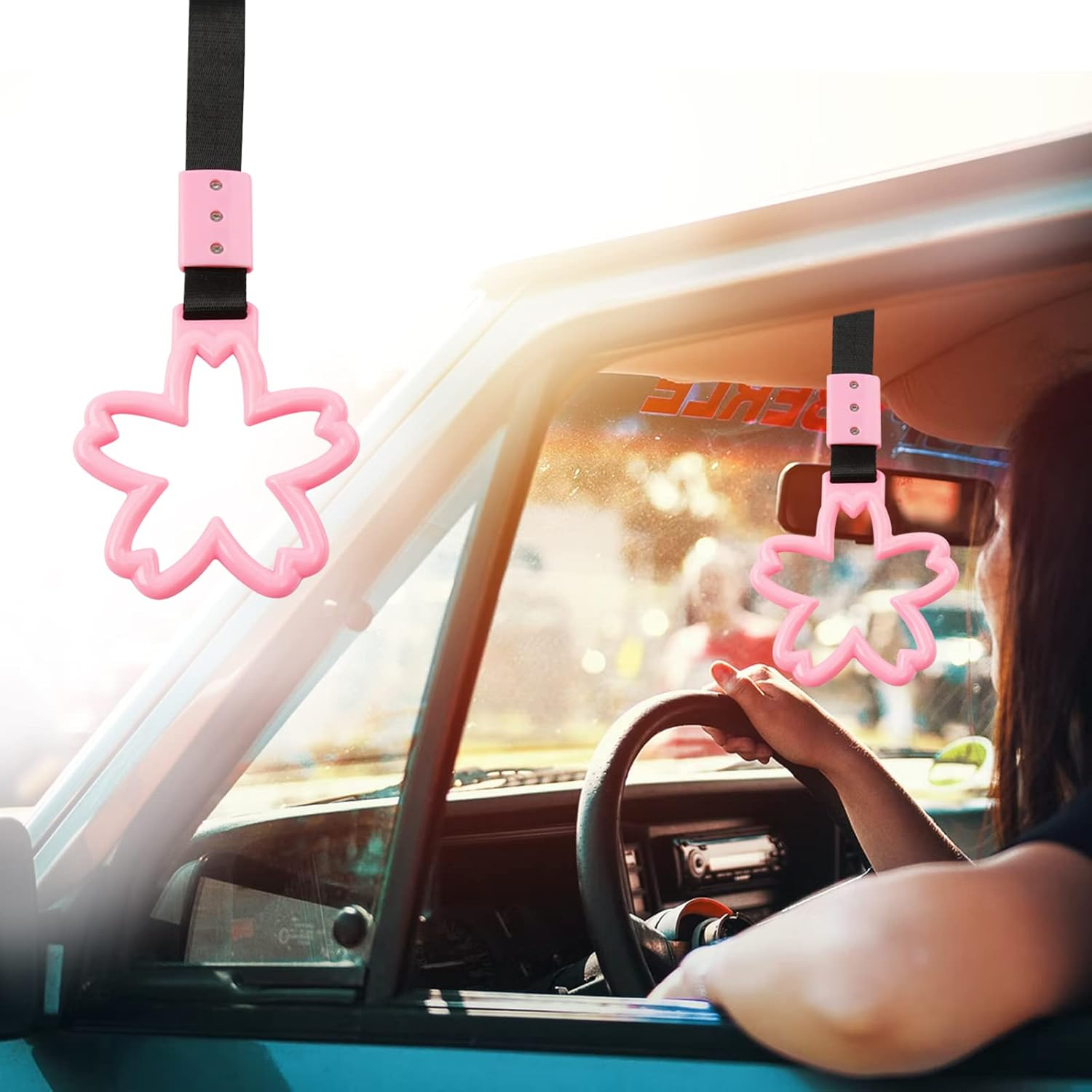 2 Pieces Car Handle Ring, Sakura Shaped Handle Hand Strap for Subway Train Bus, Car Exterior Accessories and Rear Bumper Warning Ring(Pink) image number 3