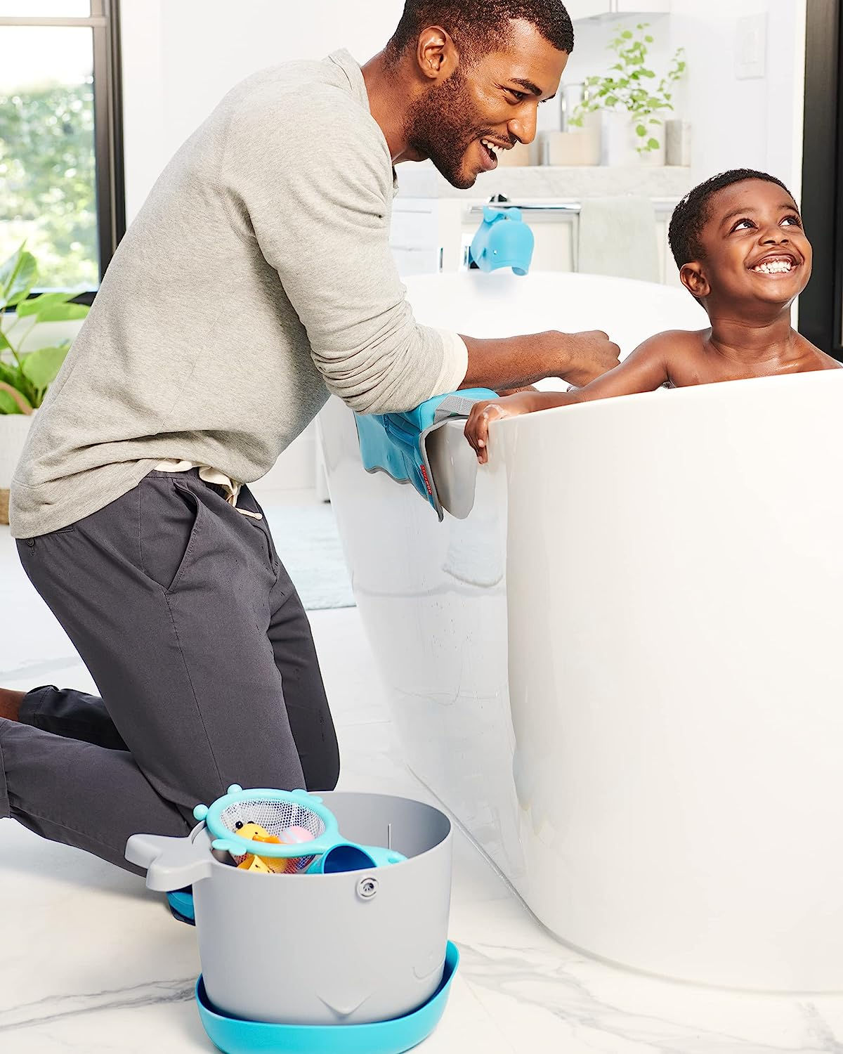 Skip Hop Moby Bath Toy Bucket - Baby Bath Toy Organiser with Drainage Holes, Handle & Base - Bath Toys Holder and Storage Bucket for Toddlers, Kids Bathroom Accessories, Bath Tub Toy Storage image number 1