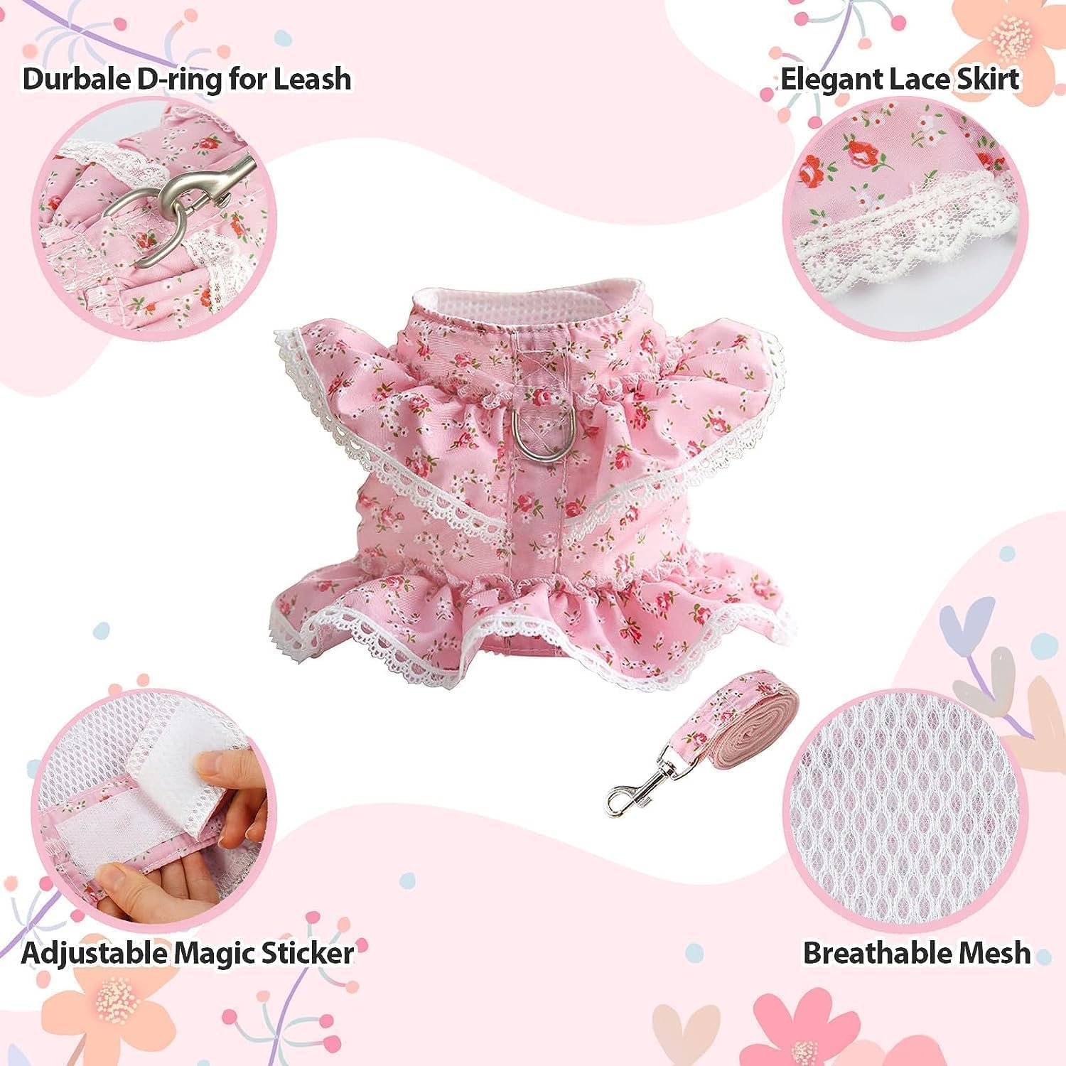 Dog Dress Harness Vest with Leash Set, Pink Flower Puppy Harness, Cute Doggy Lace Princess Clothes, Soft Breathable Mesh, Outdoor Walking Harness for Small Medium Dogs Cats (Pink, M) image number 3