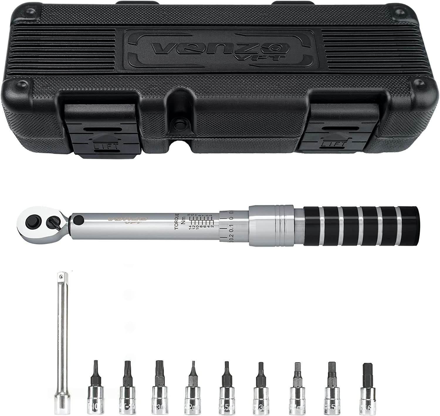 Venzo 1/4 Inch Driver Click Torque Wrench Set - 2 to 15 Nm - Small Adjustable - Great Maintenance Tool for MTB, Mountain, Road Bike & Motorcycle - All Bits Are Included as a Kit image number 4