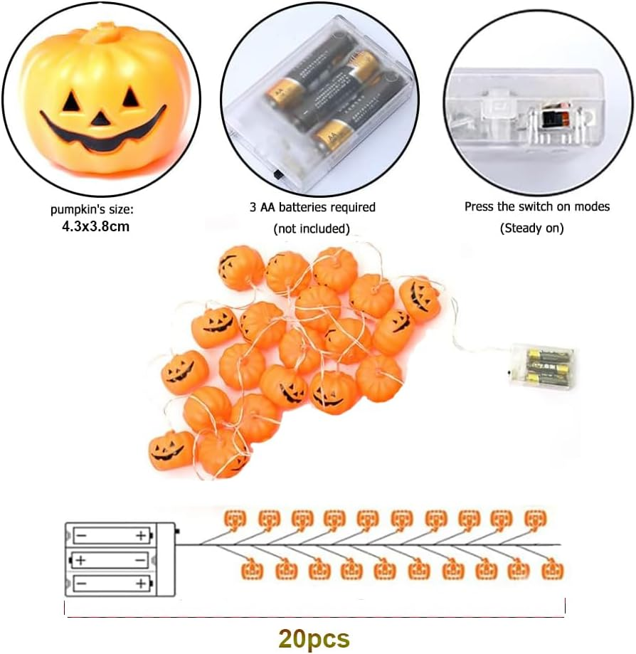Halloween String Lights, 3M 20 LED Orange Pumpkin Lights with 2 Lighting Modes, Indoor/Outdoor Use, Perfect for Halloween Decorations image number 5