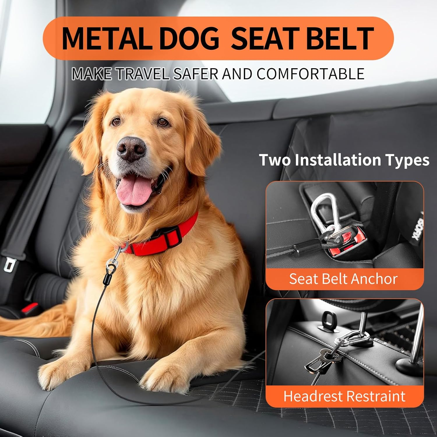 Dog Seat Belt for Car, 2Pcs Coated Wire Leash, Double Clip Safety Restraint, Chew Proof Tether Cable, 32Inch, Black image number 5