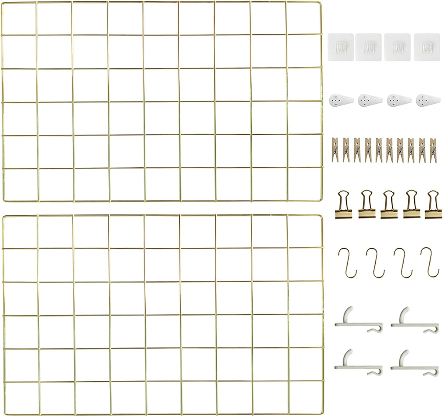 Metal Grid Wall Panel, Photo Display Organizer, 17.3"&times;11.8" Rose Gold Wire Board, Picture Frame, 4-Pack Mesh Memo Board with Clips and Hooks