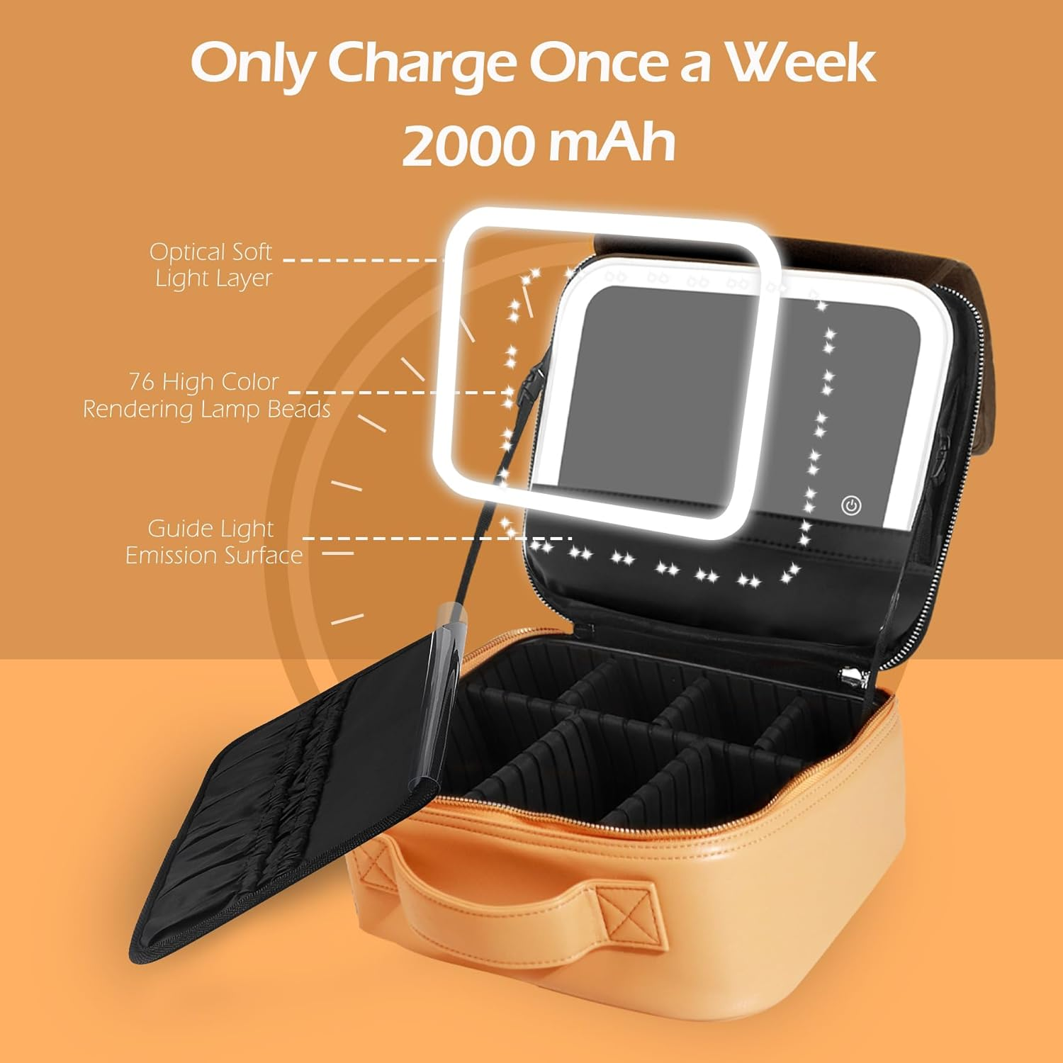 MOMIRA Travel Makeup Bag Cosmetic Bag Makeup Organizer Bag with Lighted Mirror, Adjustable Brightness in 3 Color Scenarios, Waterproof Makeup Train Case, Gift for Women - Apricot(Woven) image number 6