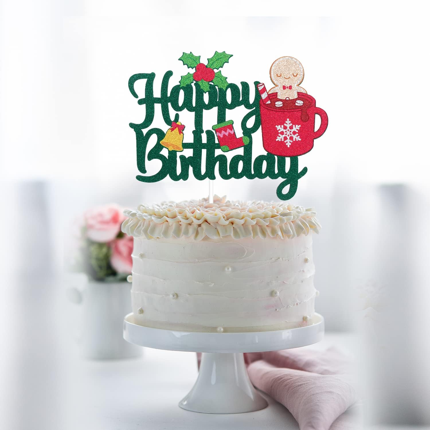 Christmas Happy Birthday Cake Topper - Winter Frozen Glitter Snowflakes Cake Supplies - Baby Shower Kids Birthday Christmas Party Decoration image number 2