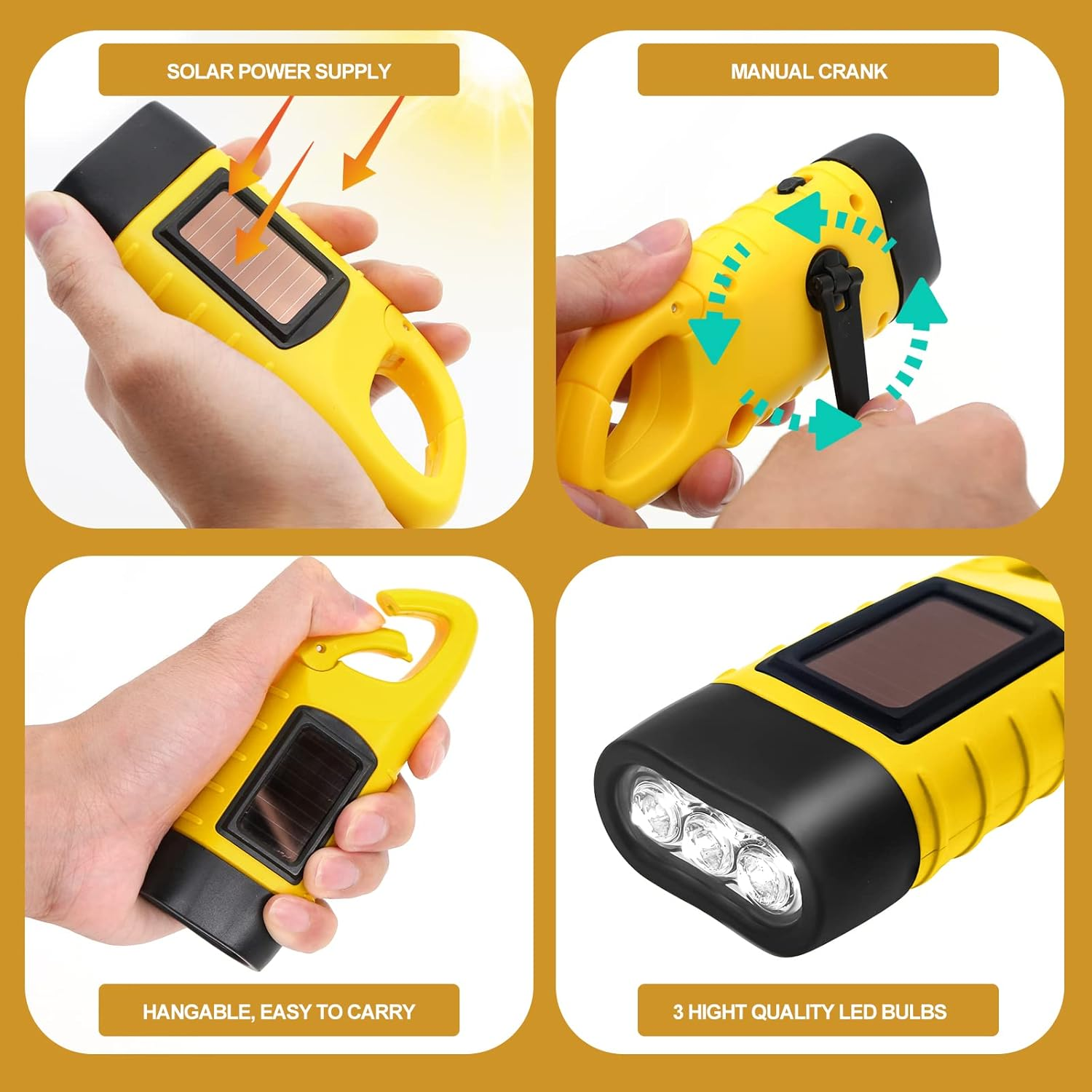 2-Pack Wind up Torch, LED Super Bright Hand Crank Torch, Solar Dynamo Portable Camping & Emergency Flashlight with Carabiner Hook