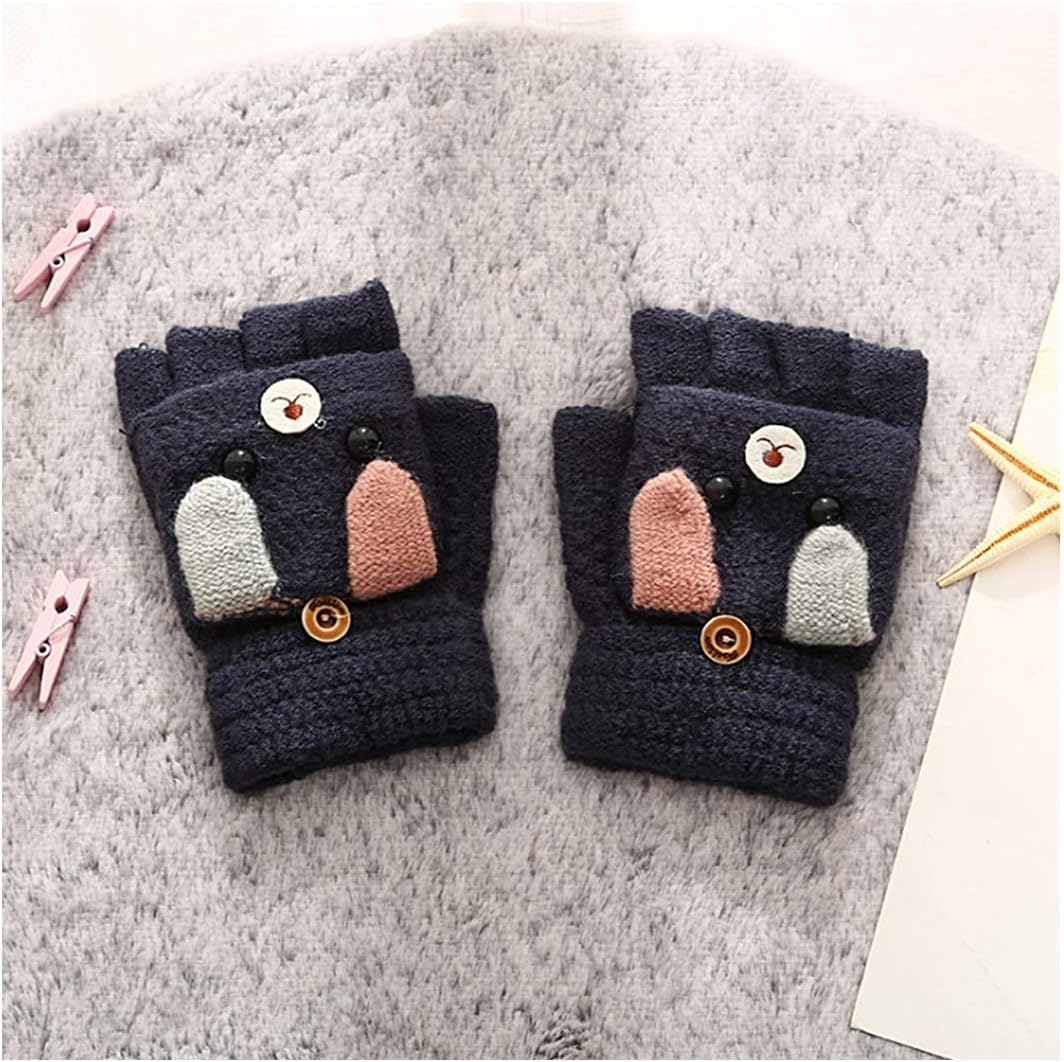 Surkat Winter Half Finger Gloves Knitted Mittens Convertible Flip Top Fingerless Gloves for Girls Boys Kids Children image number 5