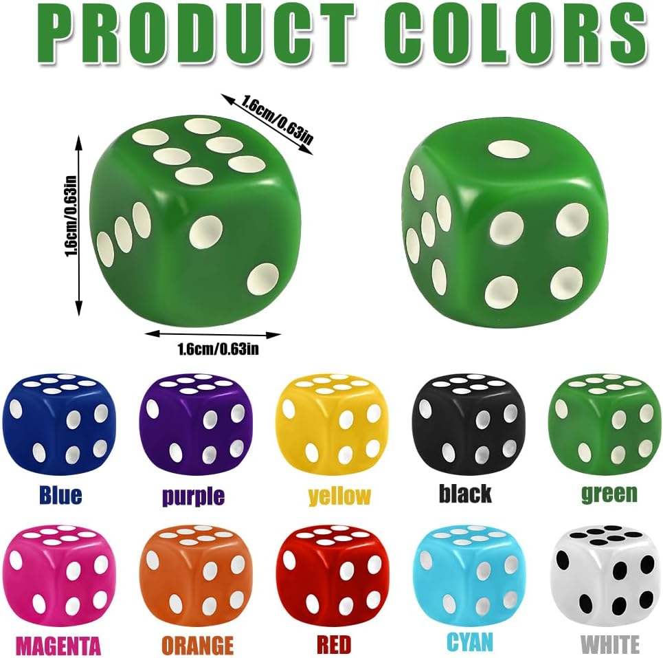 DIYDEC 100Pcs 16Mm Game Bulk Dice 10 Colors Acrylic 6 Sided Dice Set for Classroom Teaching Math Learning Standard Dice for Party Family Board Games image number 2