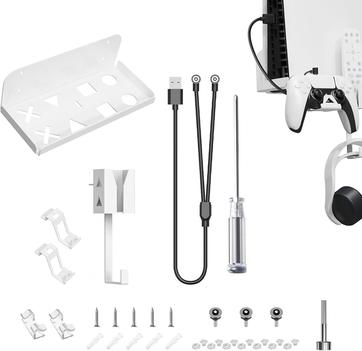 Geekria Wall Mount Kit Compatible with SONY Playstation 5 Slim Console, Disc & Digital Edition Metal Wall Hanging Stand, with 2-In-1 Magnetic Charging Cable, Headset Hanger image number 4