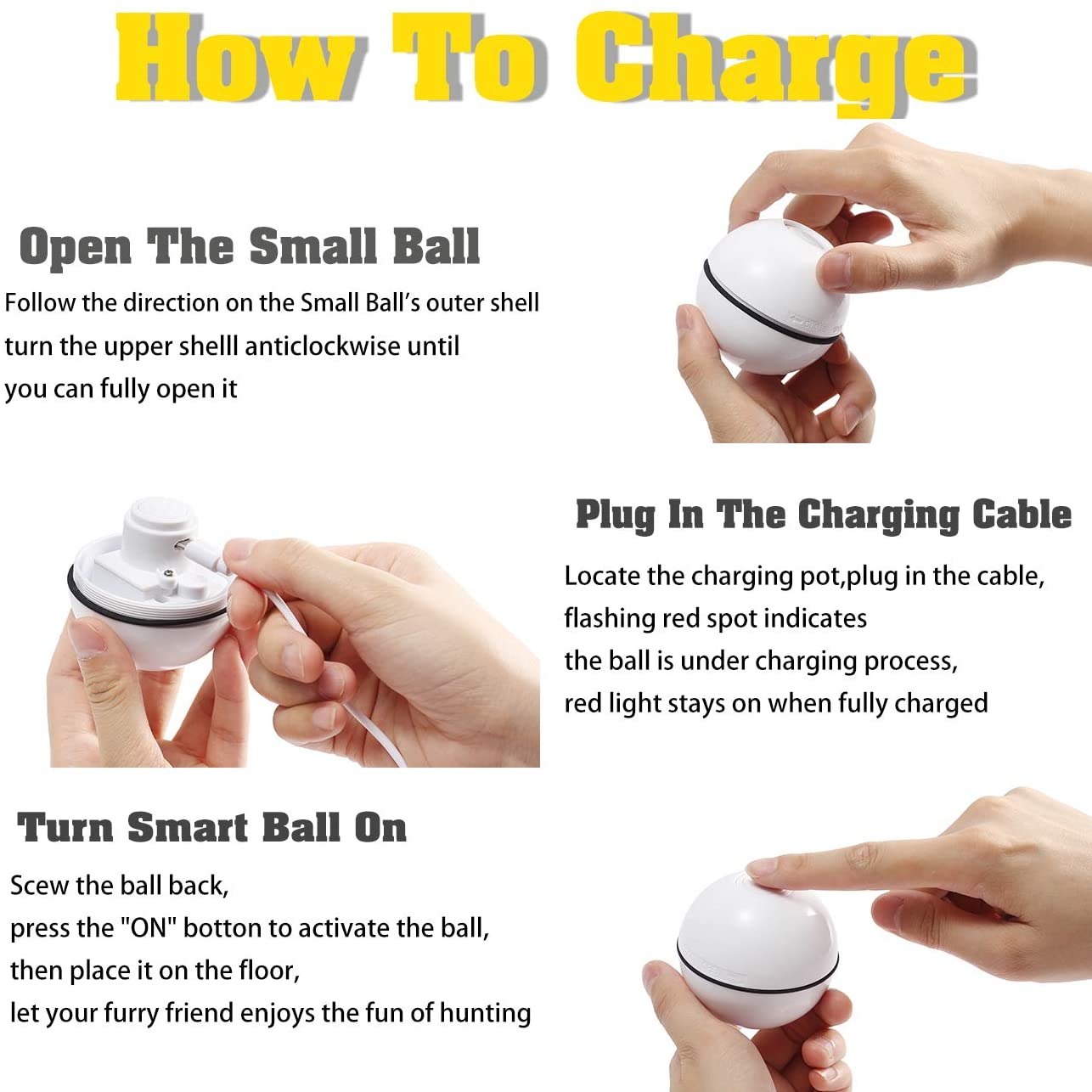 YOFUN Smart Interactive Cat Toy - Newest Version 360 Degree Self Rotating Ball, USB Rechargeable Pet Toy, Build-In Spinning Led Light, Stimulate Hunting Instinct for Your Kitty (White)