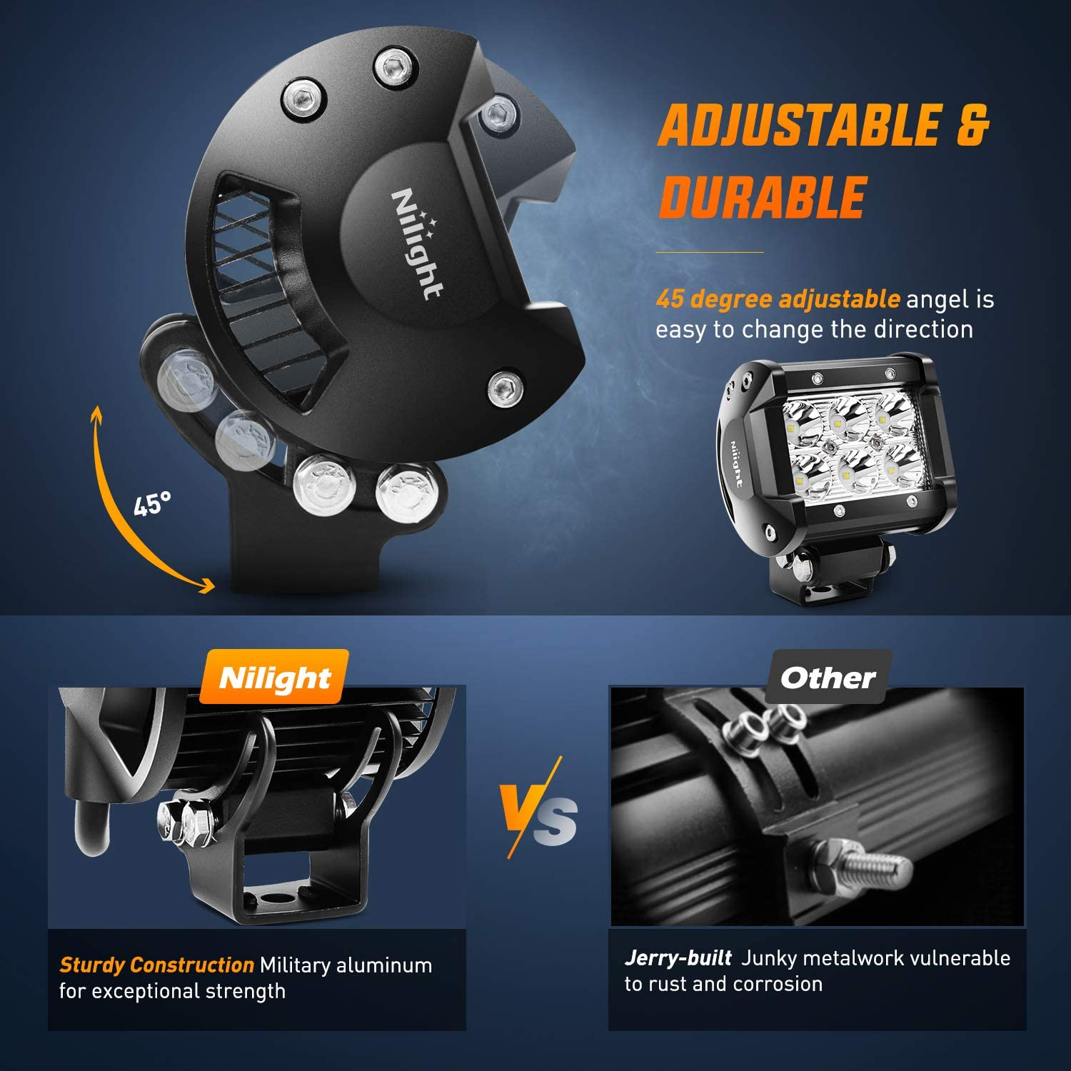 Nilight - ZH002 20Inch 126W Spot Flood Combo Led off Road Led Light Bar 2PCS 18W 4Inch Spot LED Pods with 16AWG Wiring Harness Kit-3 Lead