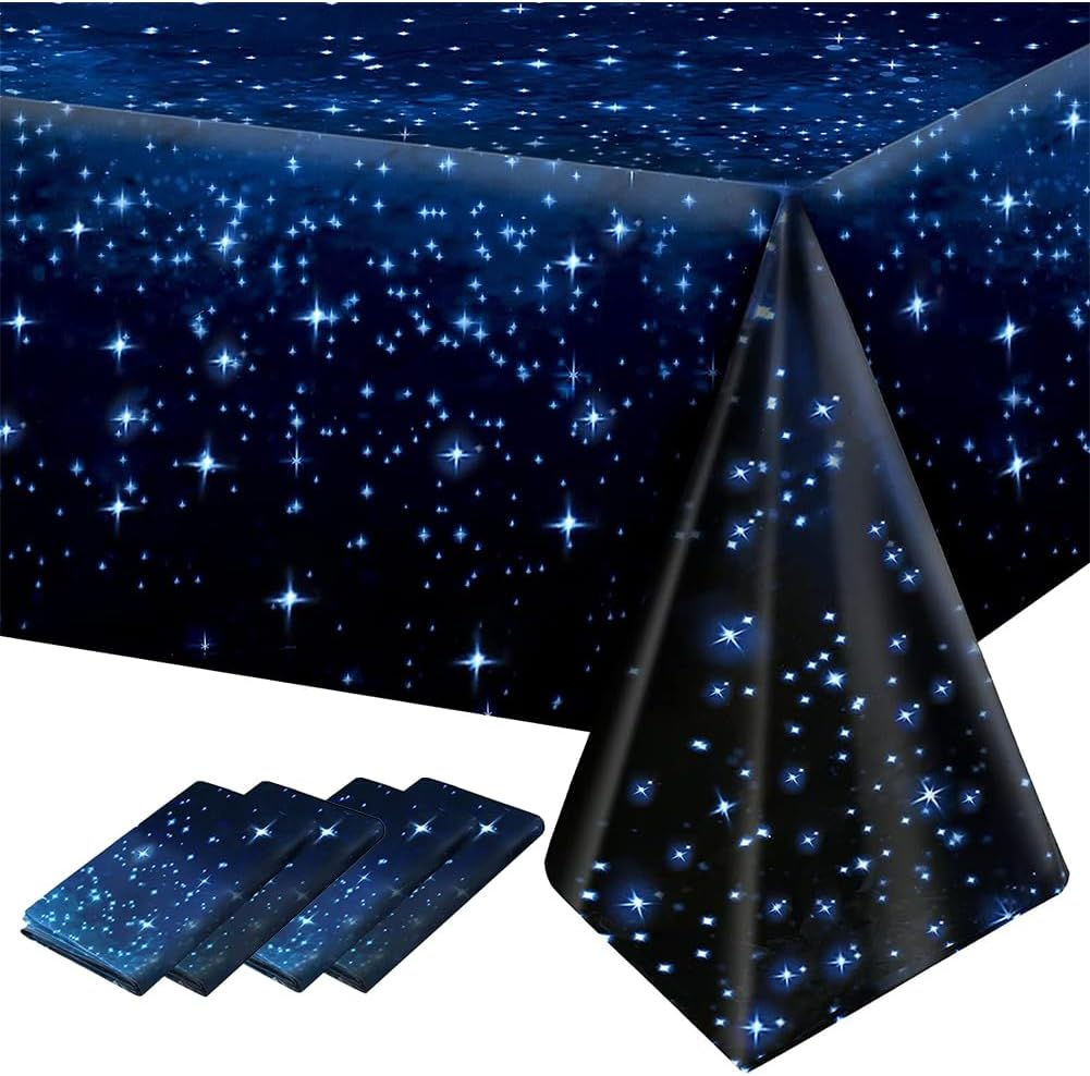 Space Tablecloth Starry Night Tablecloths 4PCS Decorations Plastic Galaxy Table Cover Space Stars Theme Party Supplies for Birthday Home Decorations, Waterproof Oil Proof Star Tablecloth 54'' X 108'' image number 2