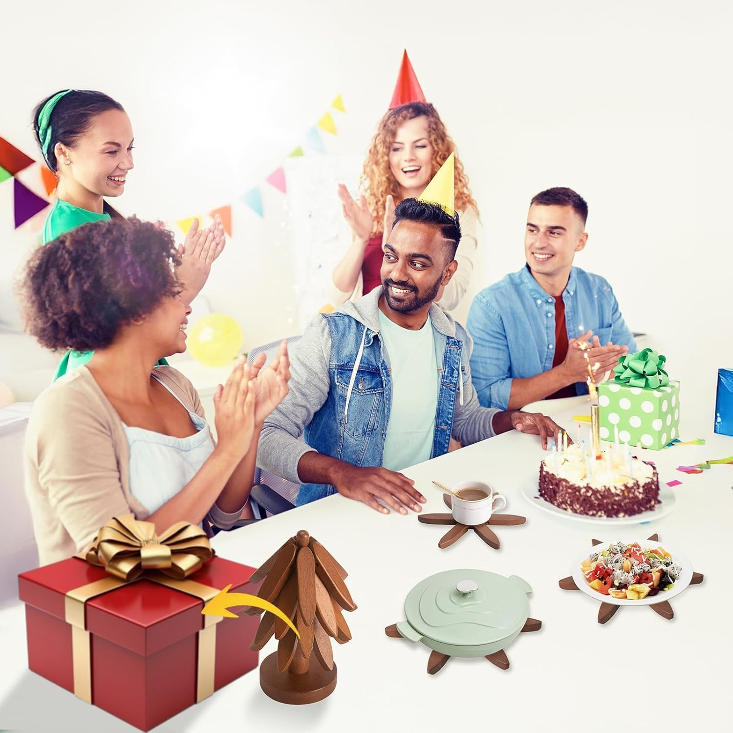 Wooden Tree Trivets Set of 4, Walnut Wood, Auto-Folding, Multi-Functional, Brown image number 2