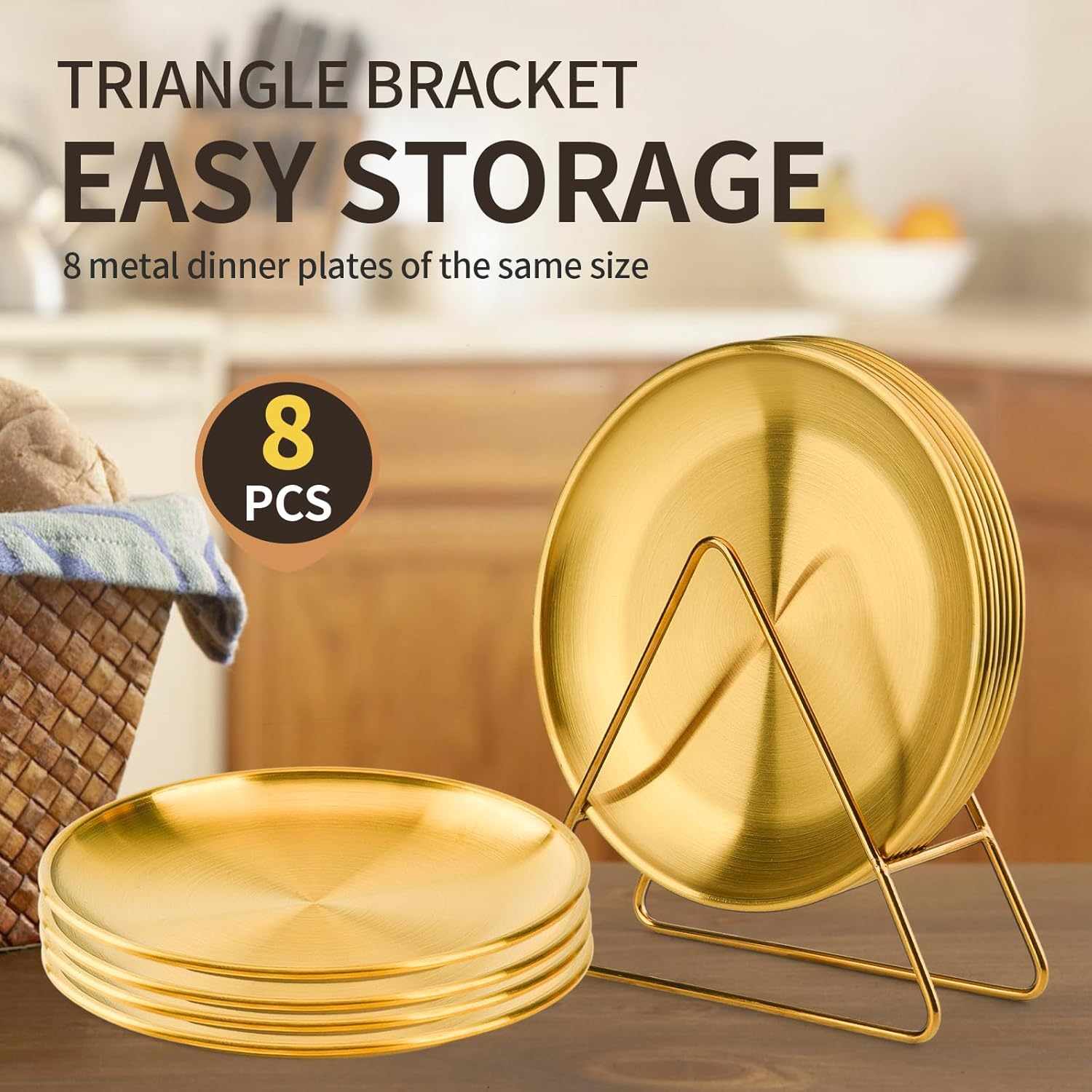 8-Piece 7.8-Inch Appetizer Plate with Stand Set Gold Silver Stainless Steel round Plates Suitable for Cakes Desserts, Salads, Dips, Snacks, Side Dishes (Gold, 7.8Inch) image number 2