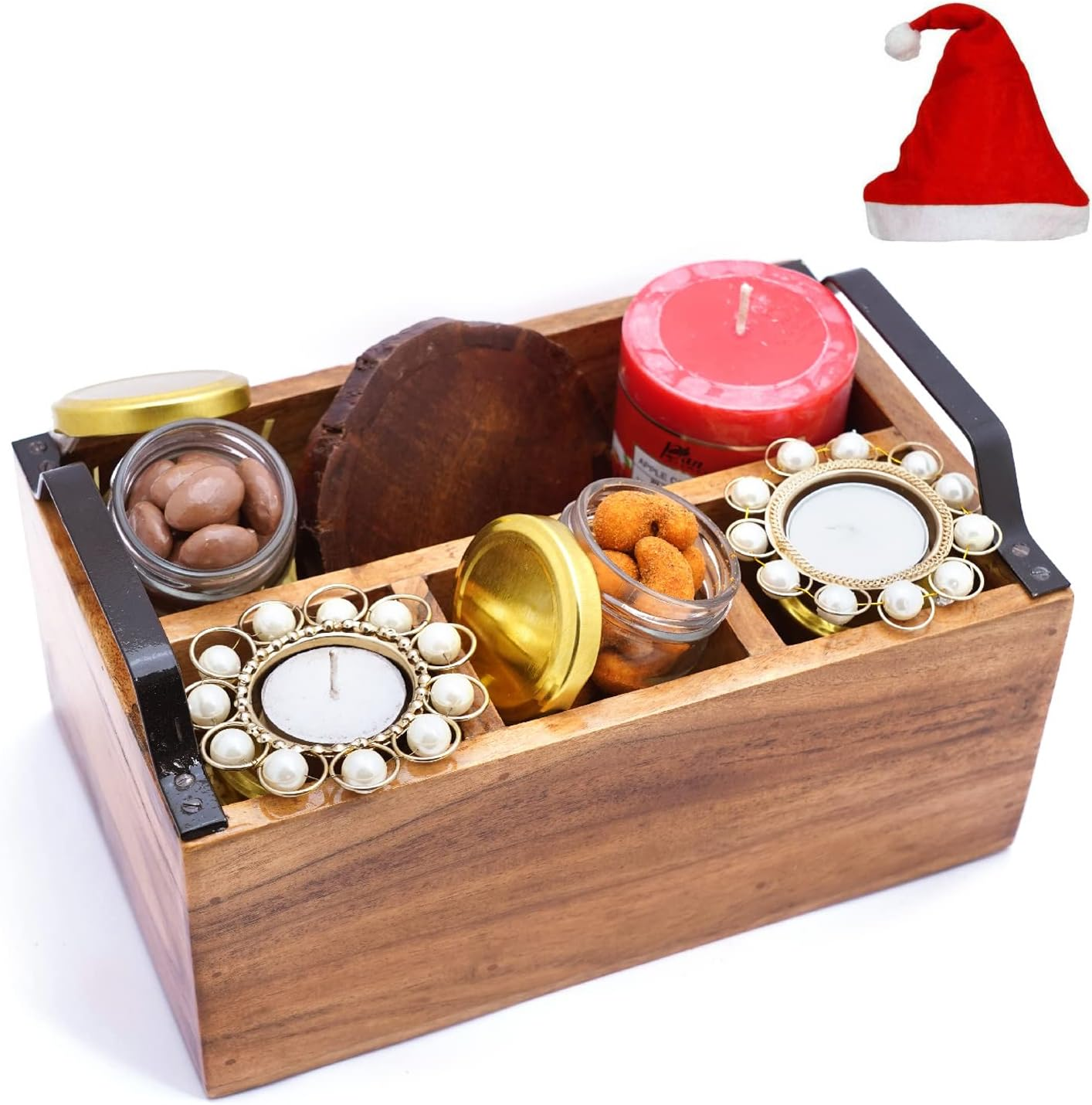 Ghasitaram Gifts Christmas Gifts Wooden Cutlery Stand with Tlites, Crunchy Cashews, Chocolate Coated Almonds,Wooden Coasters and Scented Candle image number 1