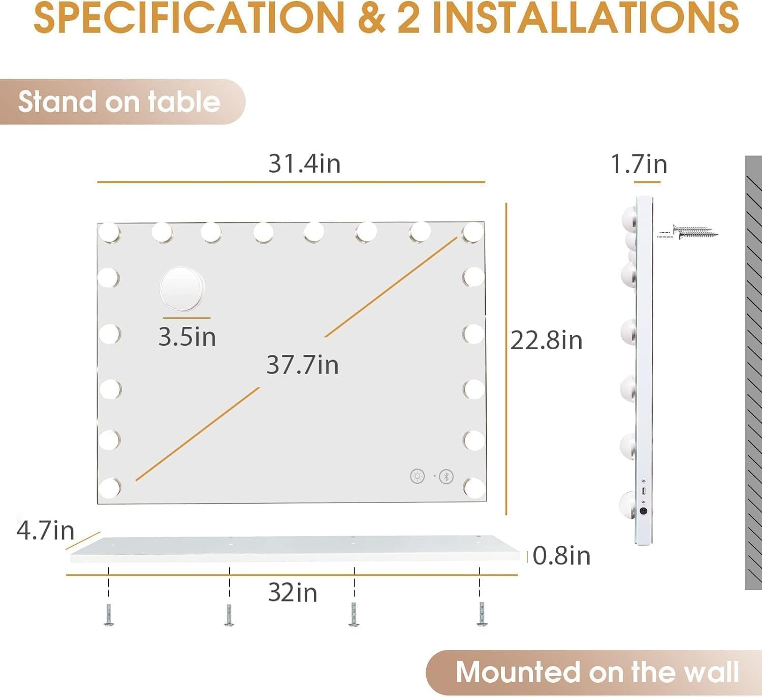 Hansong Vanity Mirror with Lights and Bluetooth Extra Large Hollywood Makeup Mirror with 18 Pcs LED Bulbs Lighted Vanity Makeup Mirror with USB Charging, 3 Color Lighting Modes Tabletop or Wall Mount image number 4
