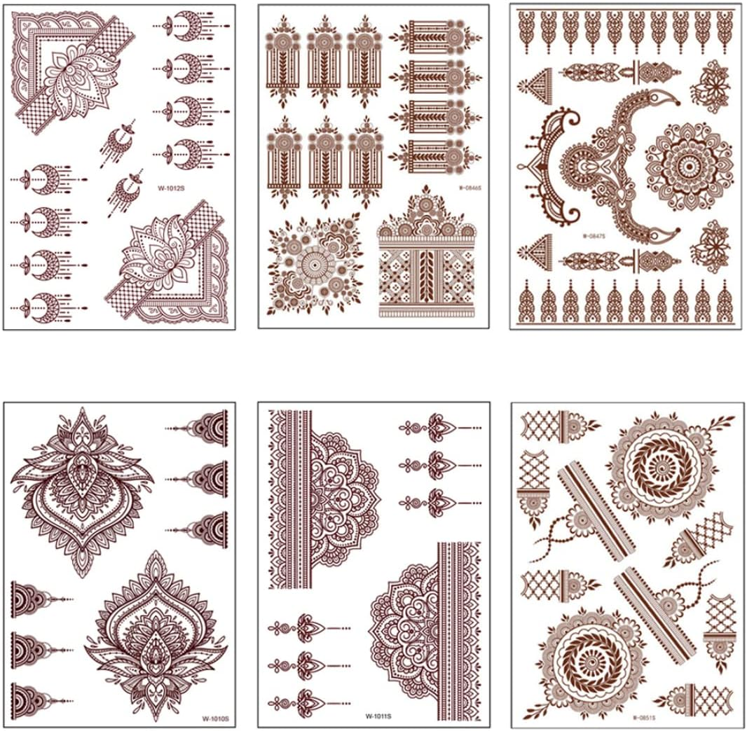 Temporary Tattoos, Henna Tattoos Brown Red Tattoos Sticker Lace Temporary Tattoos Waterproof Body Stickers for Women Girls Body Art 6Sheets image number 1