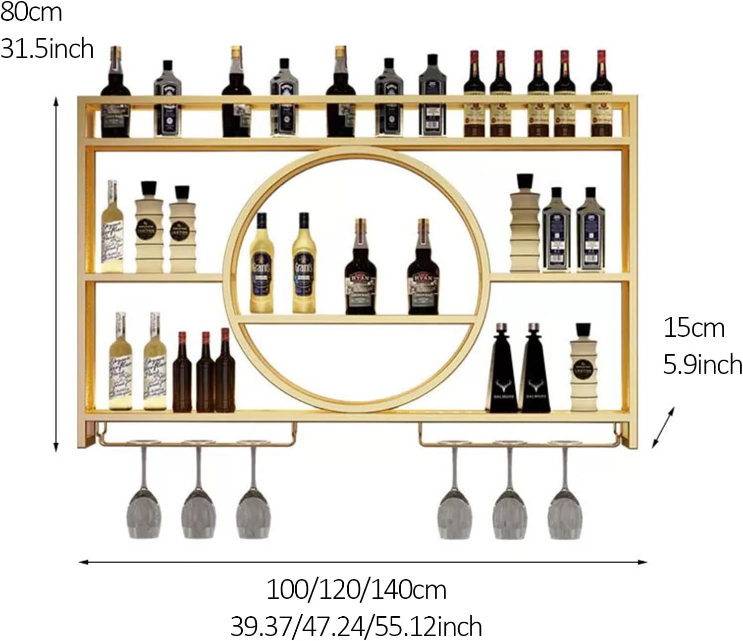 Wall Mounted Wine Rack with Led,3-Tier Metal Wine Bottle Shelf with Goblet Holder, Modern Bar Shelves Bar Liquor Bottle Display Shelf Multifunctional Bottle Rack for Home Bar No Battery (GLD, 100) image number 6